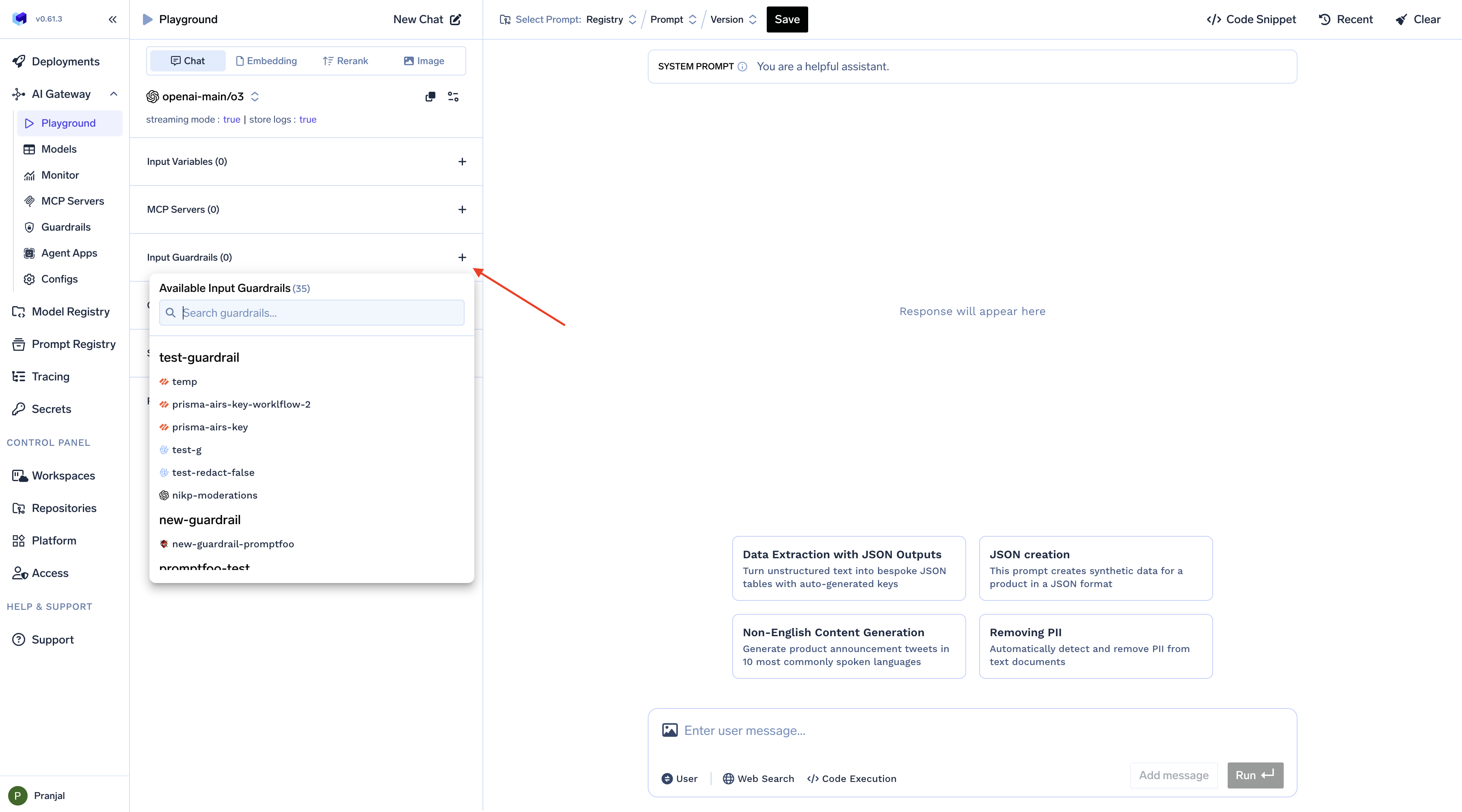 TrueFoundry AI Gateway Playground showing guardrails configuration panel with available guardrail options to select