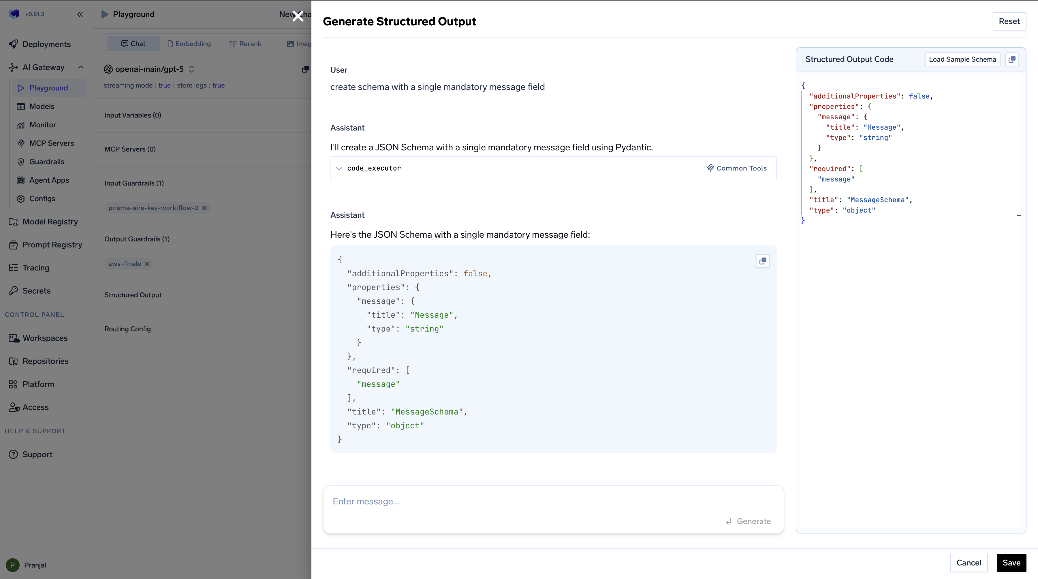 TrueFoundry AI Gateway Playground structured output configuration showing schema definition interface with agent assistance