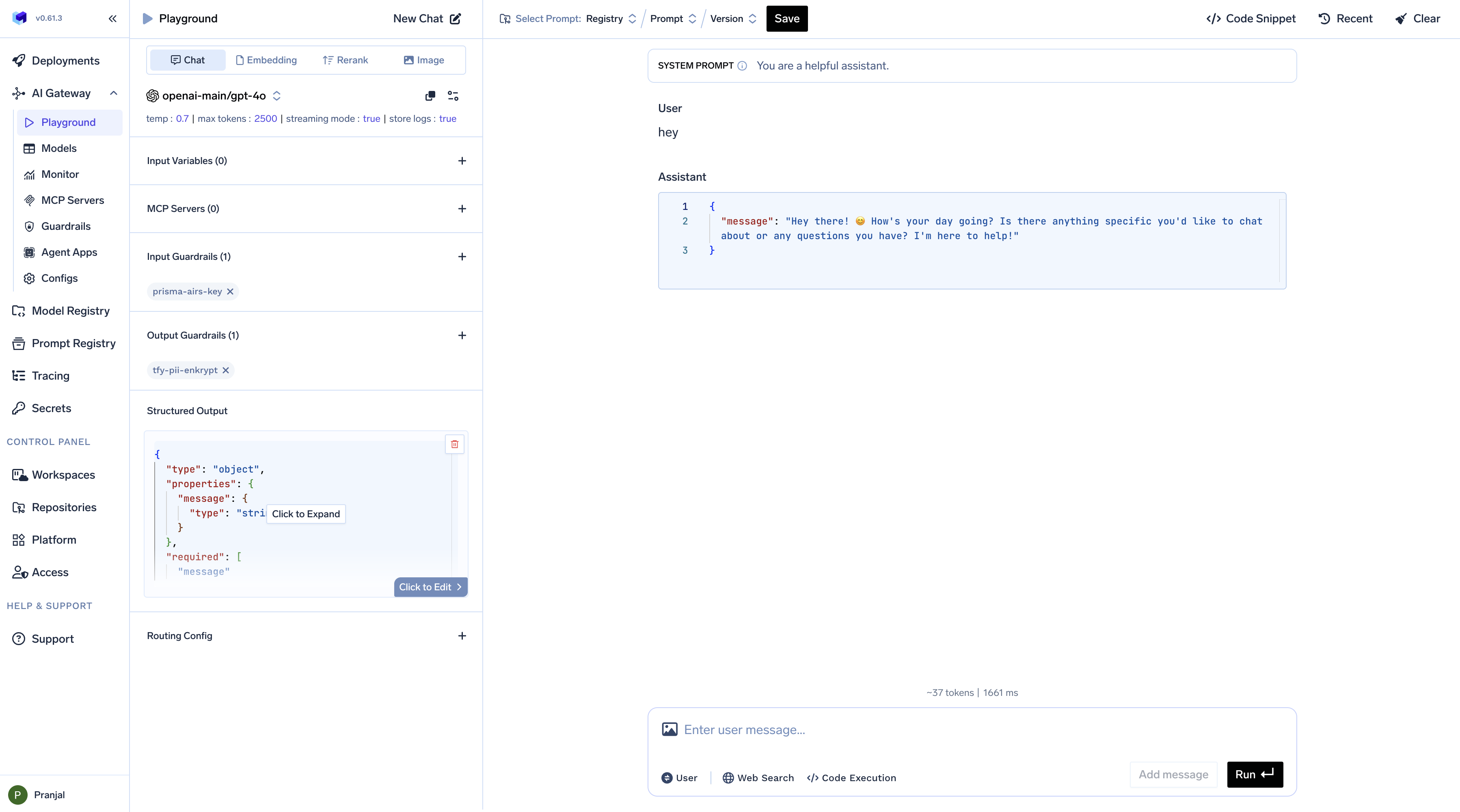 TrueFoundry AI Gateway Playground showing generated JSON schema for structured output with defined properties and data types