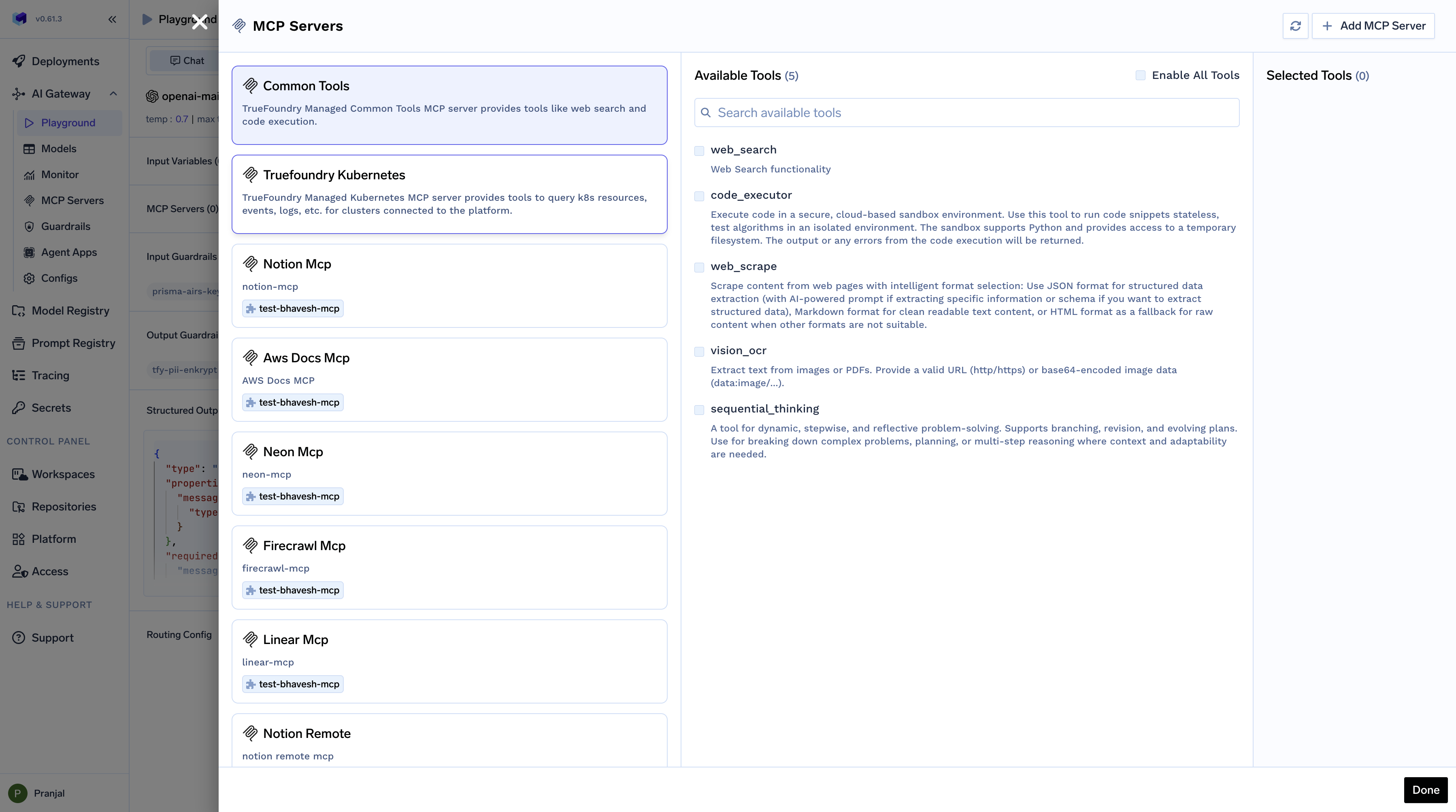 TrueFoundry AI Gateway Playground MCP Servers configuration panel showing available MCP server options and connection settings