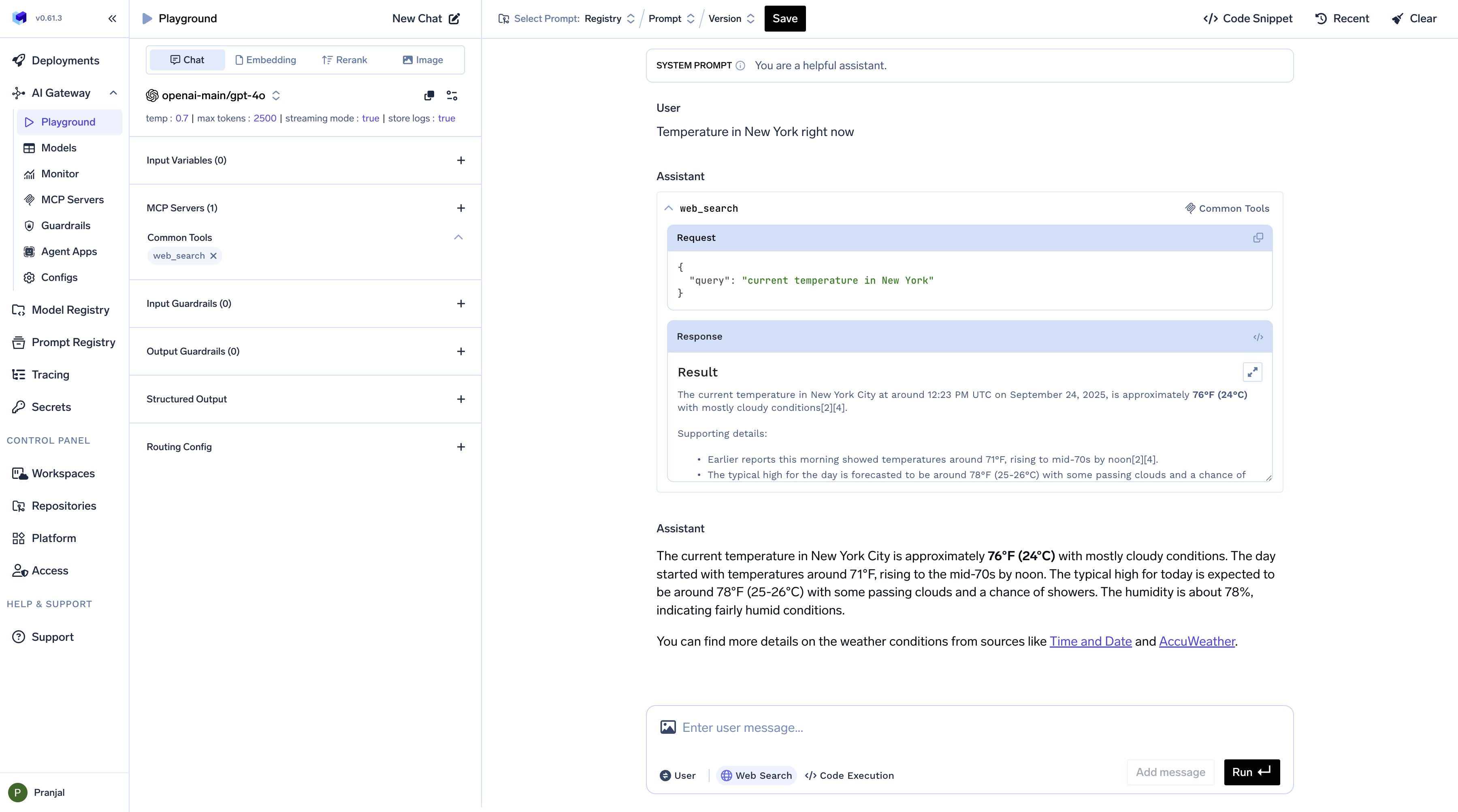 TrueFoundry AI Gateway Playground showing configured MCP Servers with connected external tools and services for enhanced AI capabilities