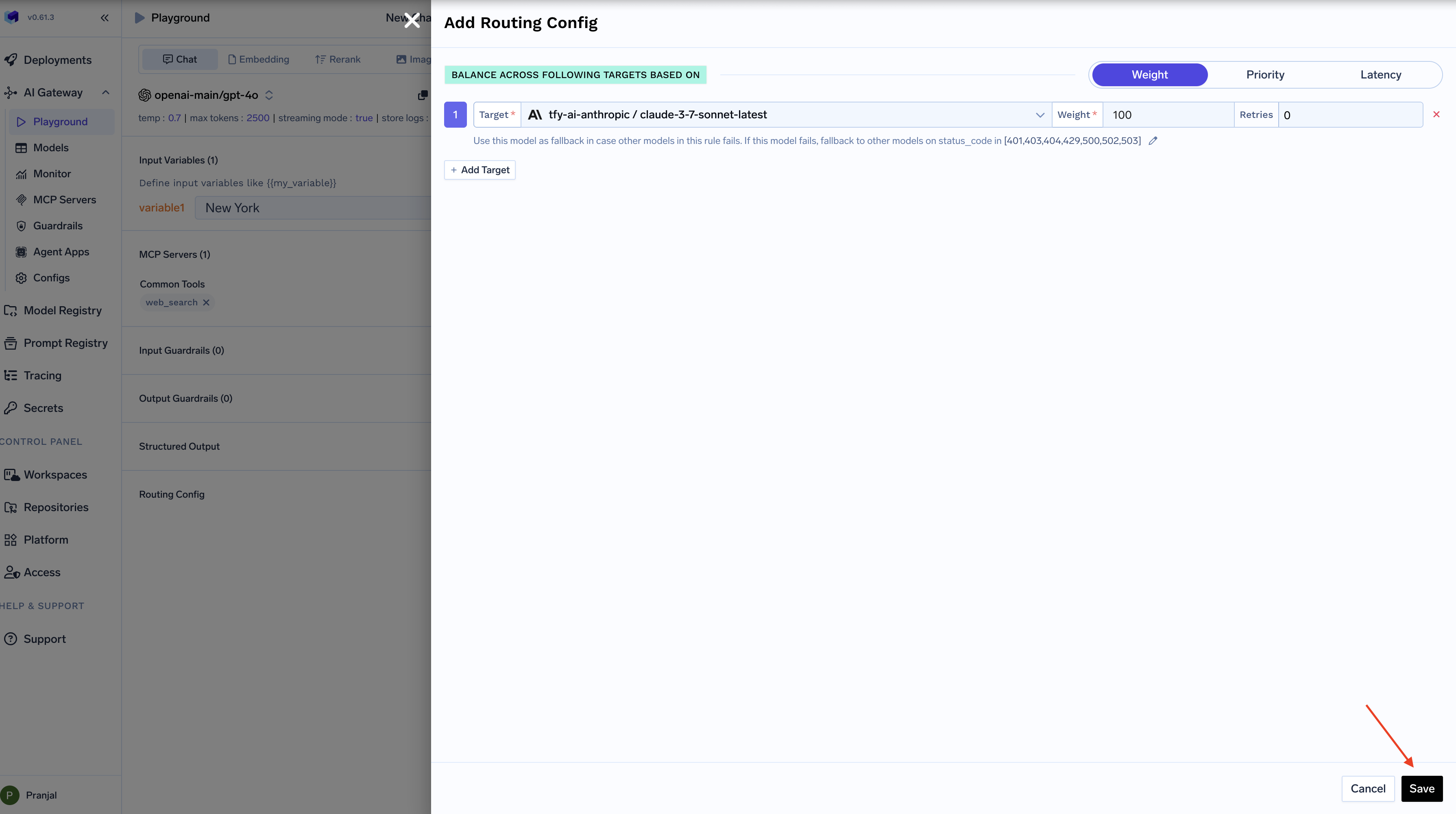 TrueFoundry AI Gateway Playground routing configuration panel showing model selection and routing policy options