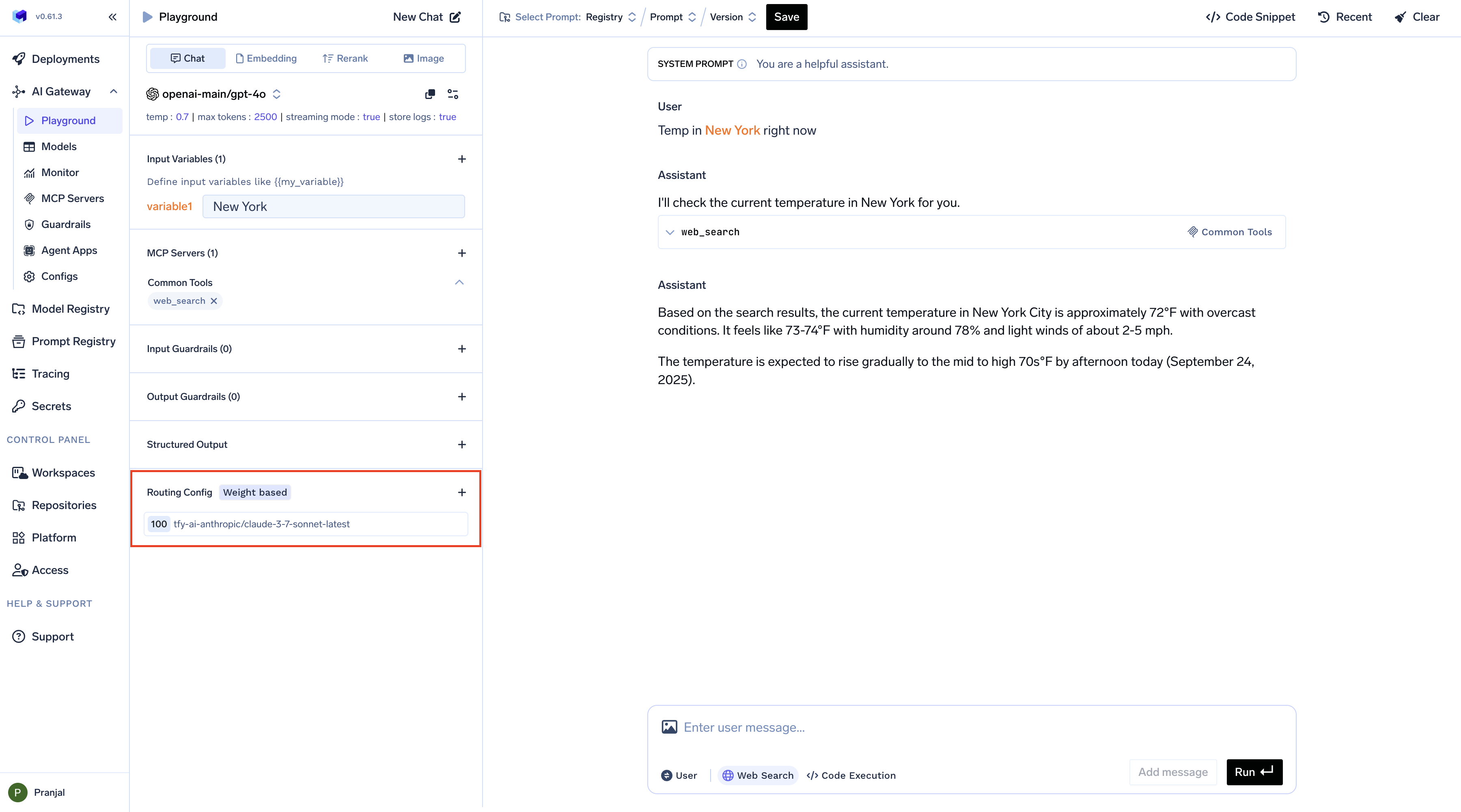 TrueFoundry AI Gateway Playground routing configuration interface showing configured routing policies with fallback and load balancing settings