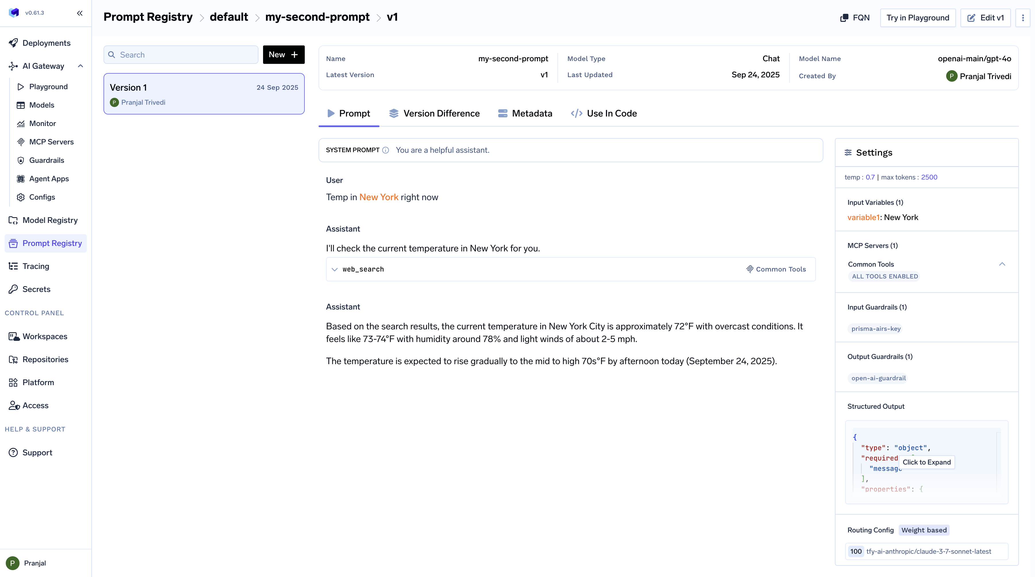 TrueFoundry AI Gateway Playground showing a complete prompt template with all configurations applied including guardrails, routing, structured output, MCP servers, and input variables