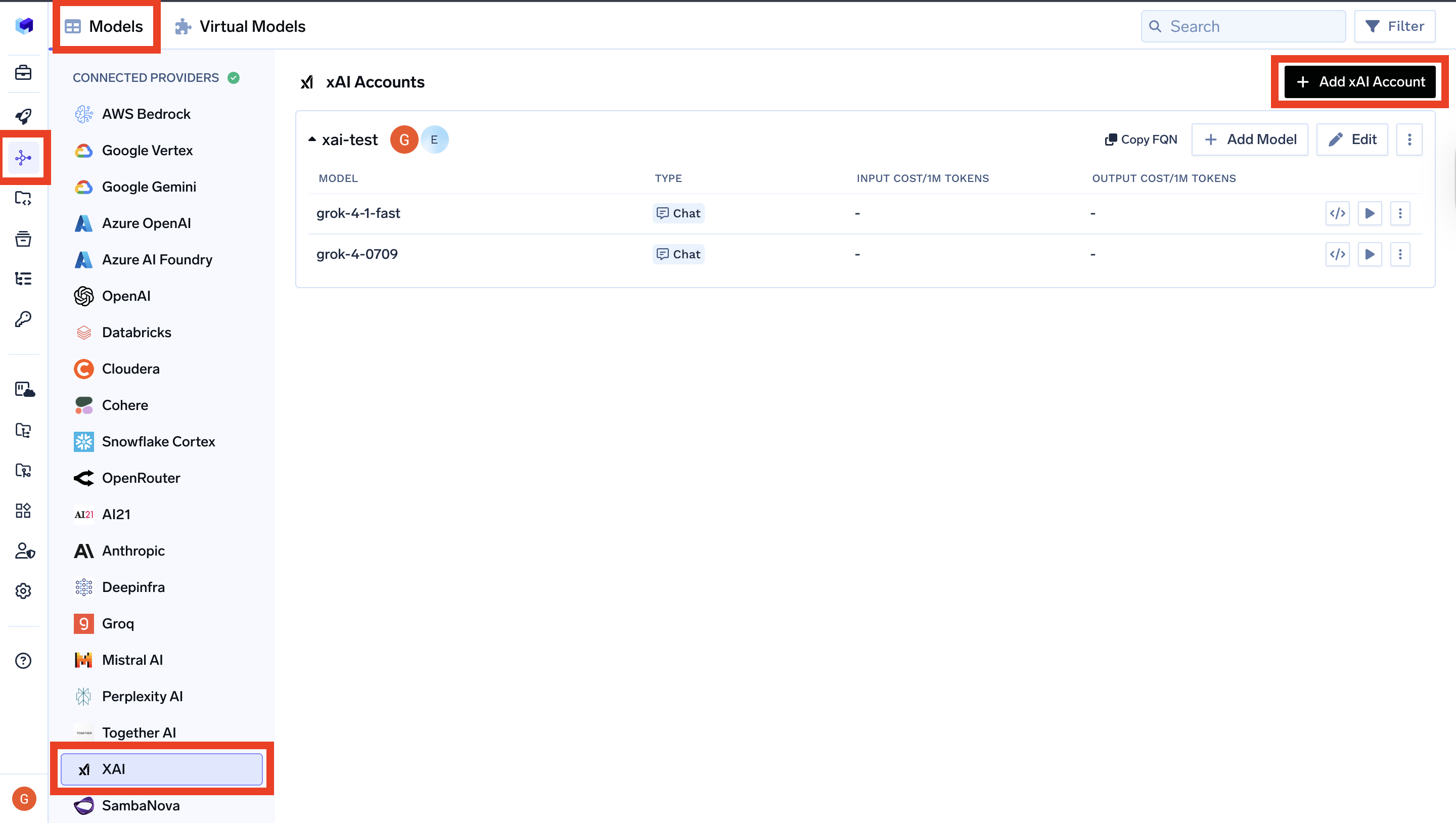 xAI provider selection in TrueFoundry AI Gateway models page