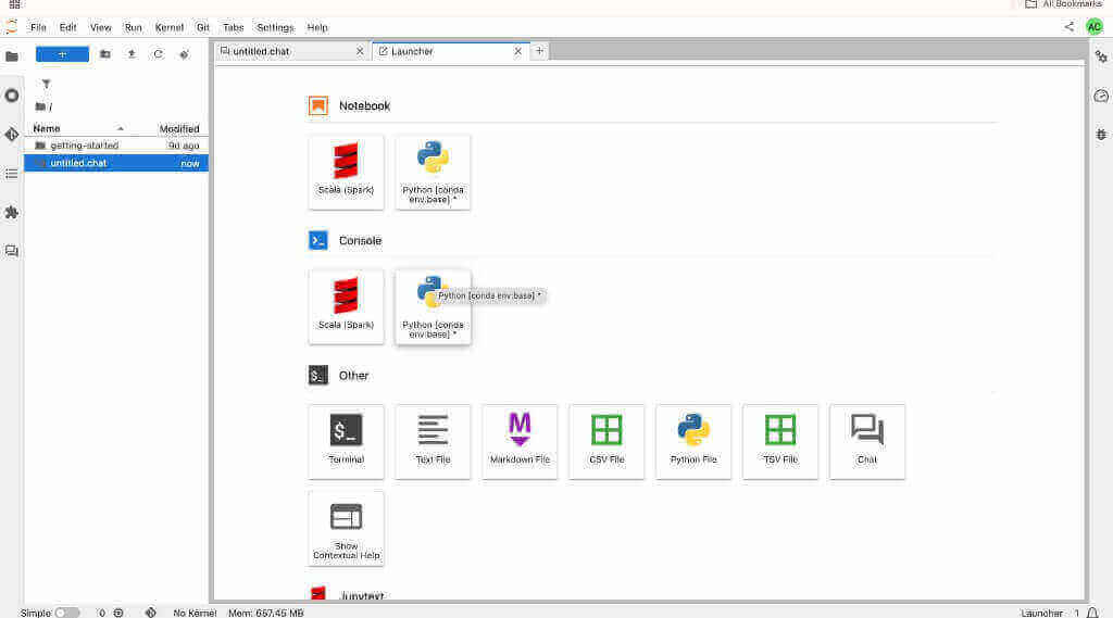 JupyterLab launcher showing Chat card alongside Notebook, Console, and other options