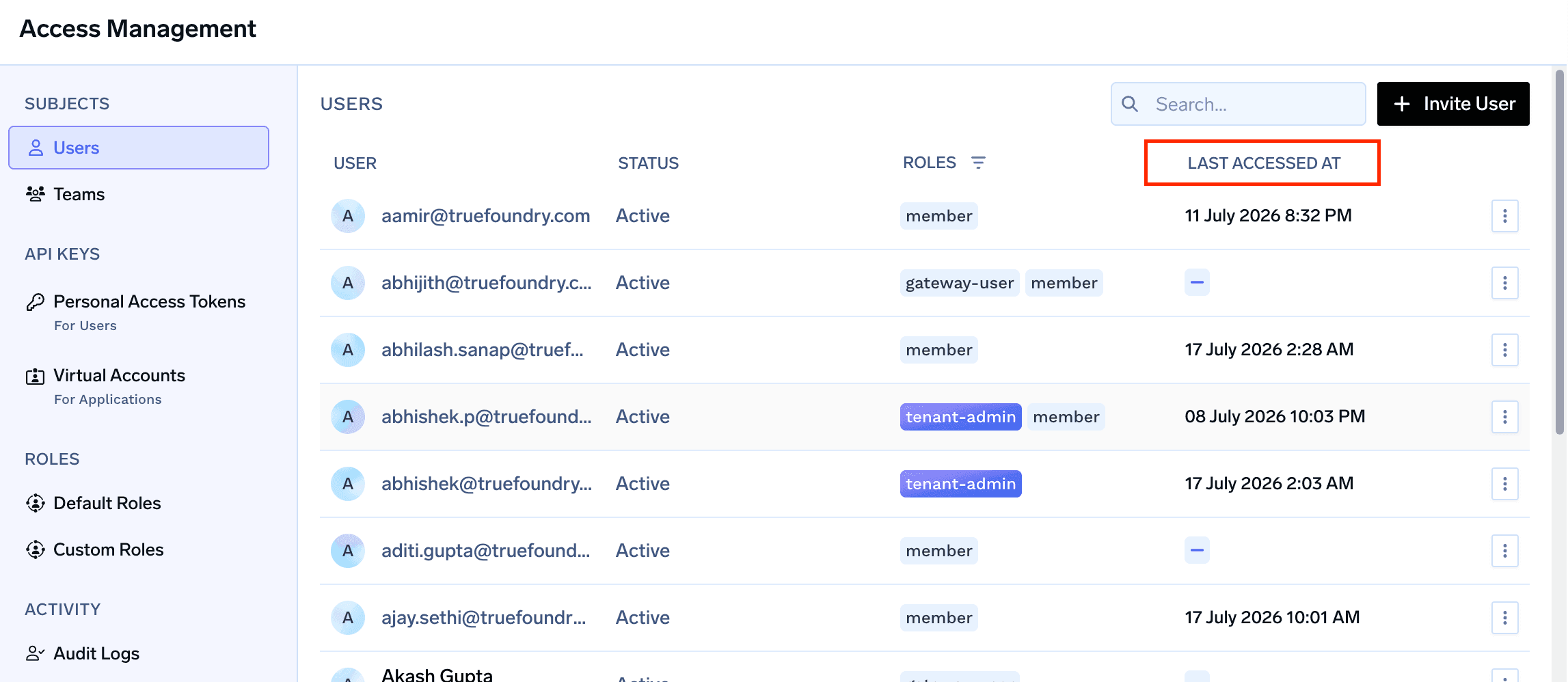 Users table showing the new Last Accessed At column