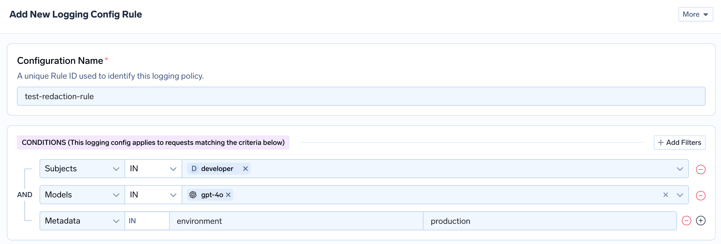 Logging config rule form showing Configuration Name and Conditions
