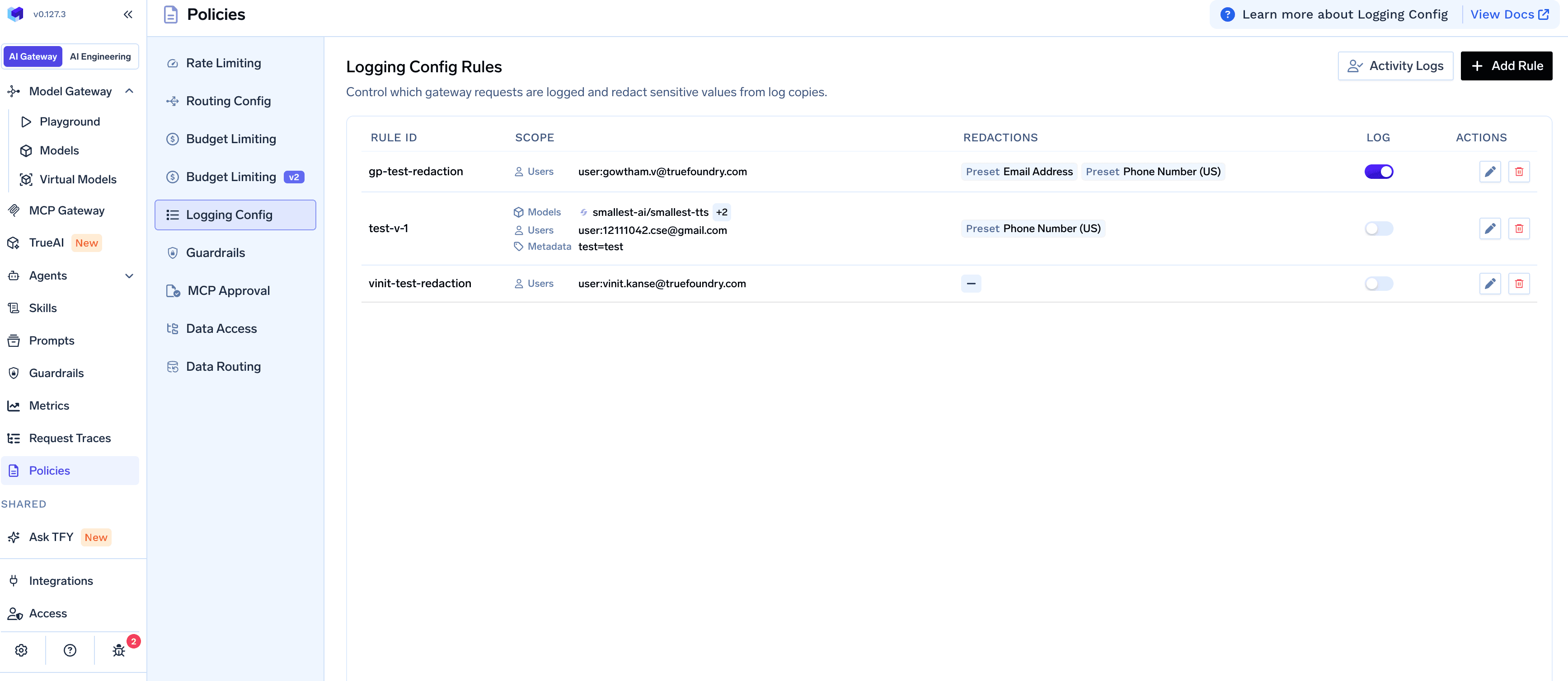 Logging Config Rules list showing scope, redactions, and per-rule Log toggle