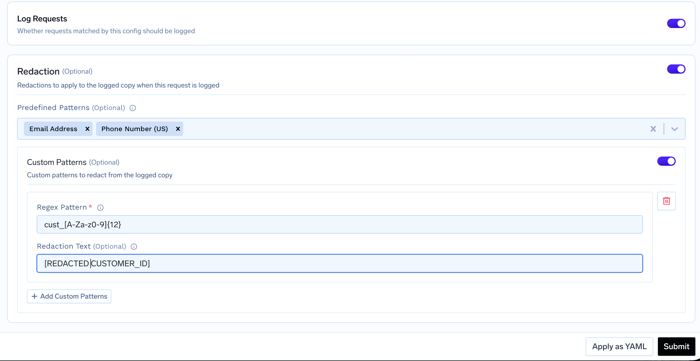 Log Requests toggle and Redaction section with predefined and custom patterns