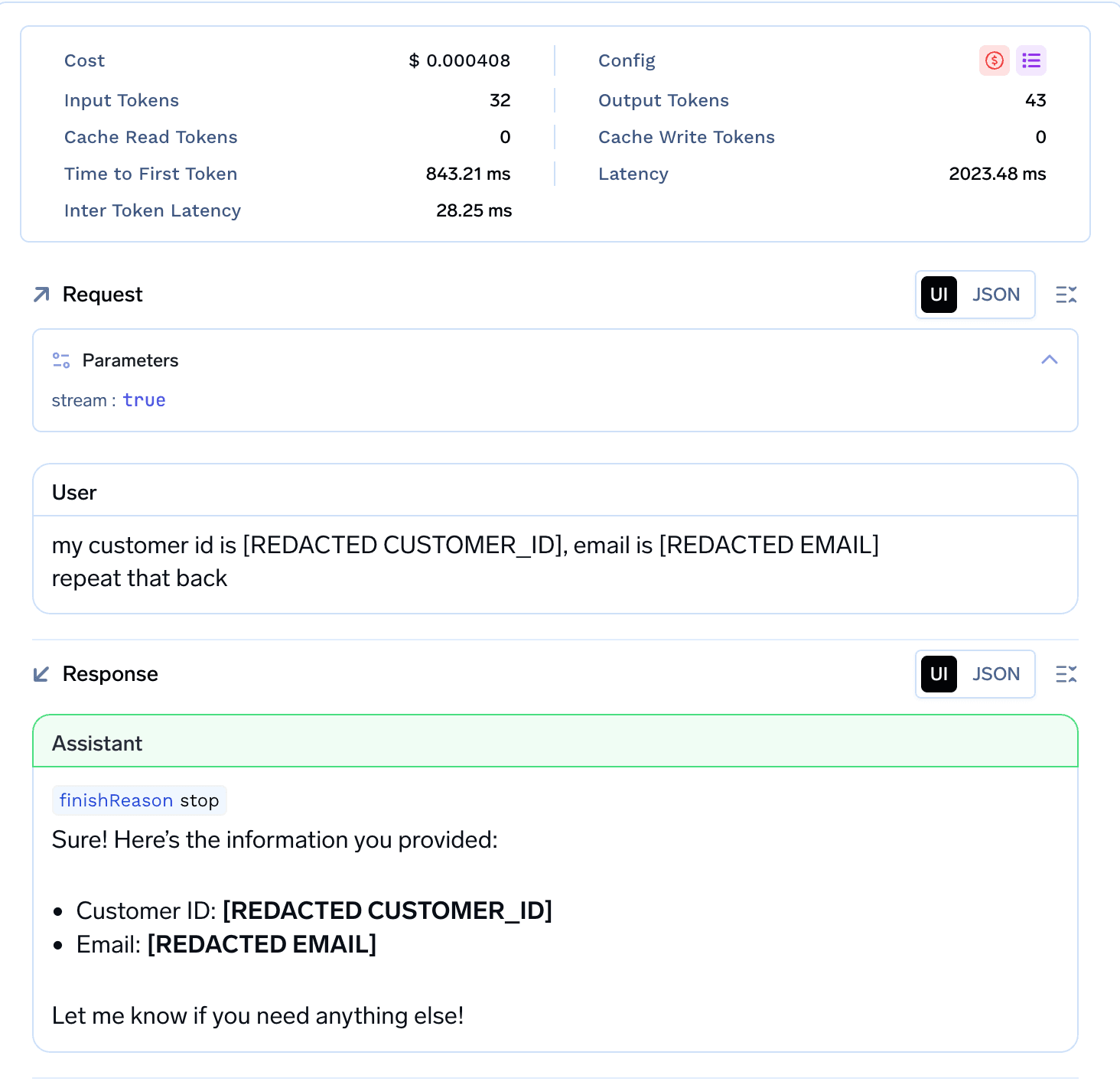 Request trace showing redacted customer ID and email with metrics still visible