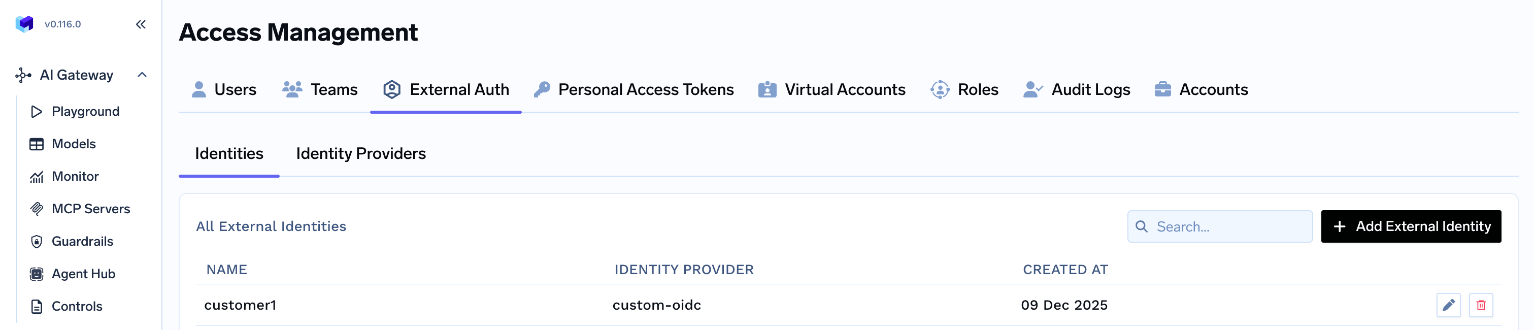 Navigate to External Auth > Identities