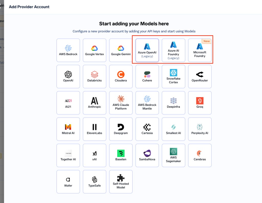 Add Provider Account showing Microsoft Foundry as New and Azure OpenAI and Azure AI Foundry marked Legacy