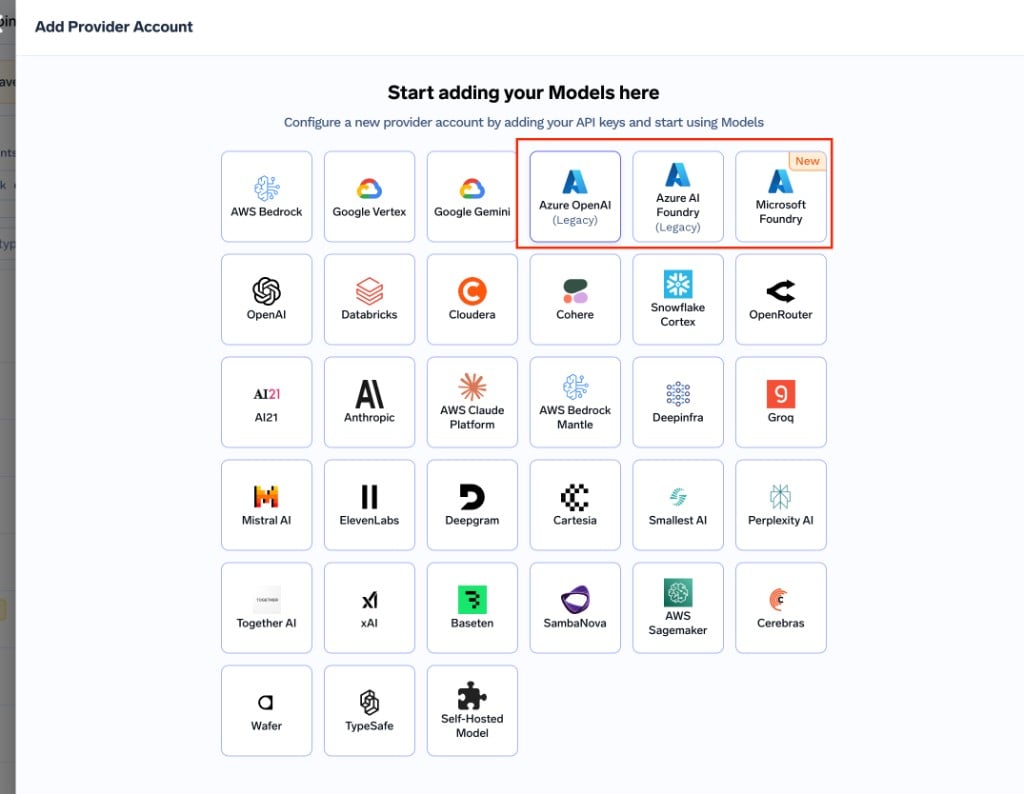 Add Provider Account showing Microsoft Foundry as New and Azure OpenAI and Azure AI Foundry marked Legacy