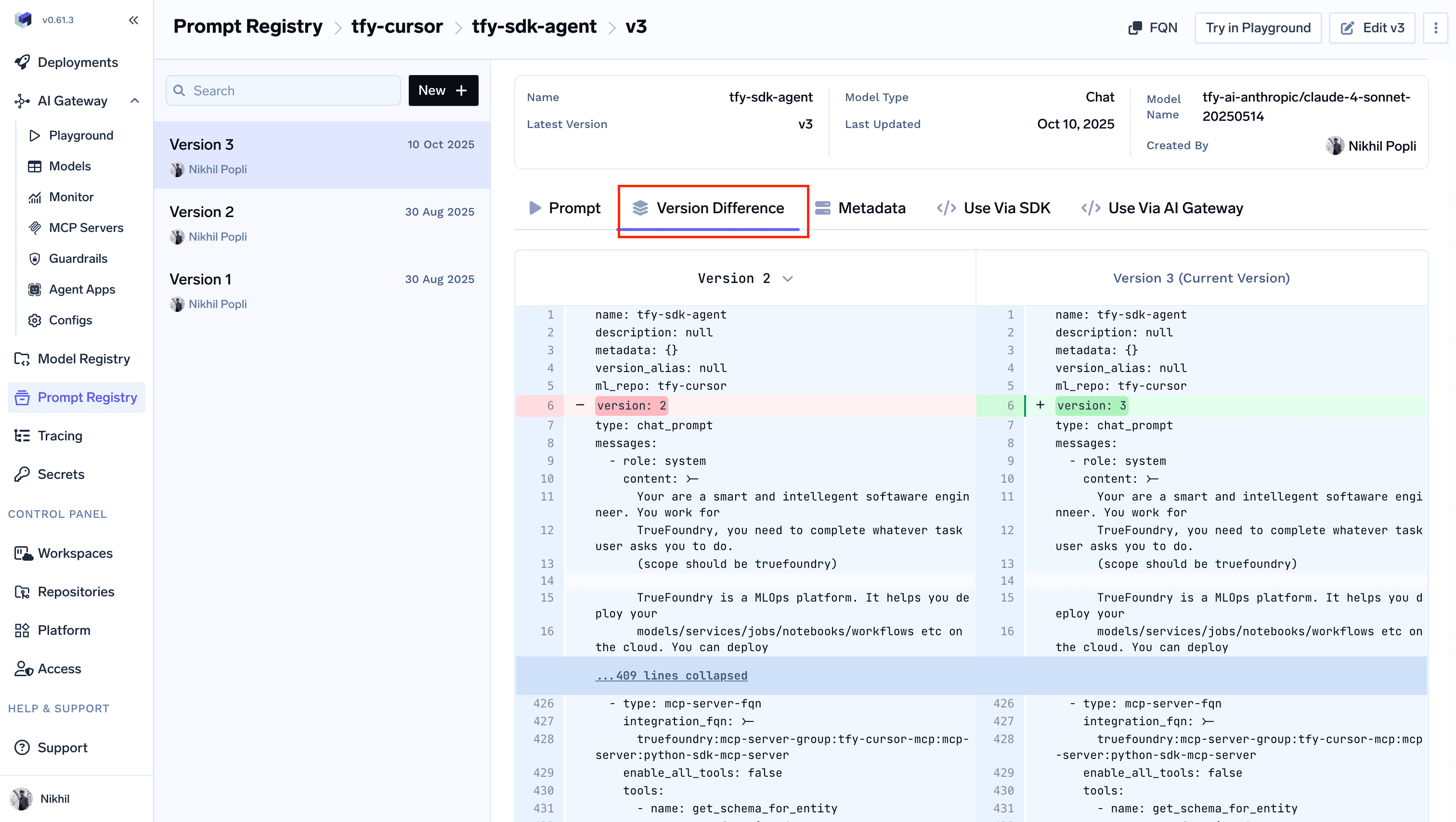 Version difference showing changes between prompt versions