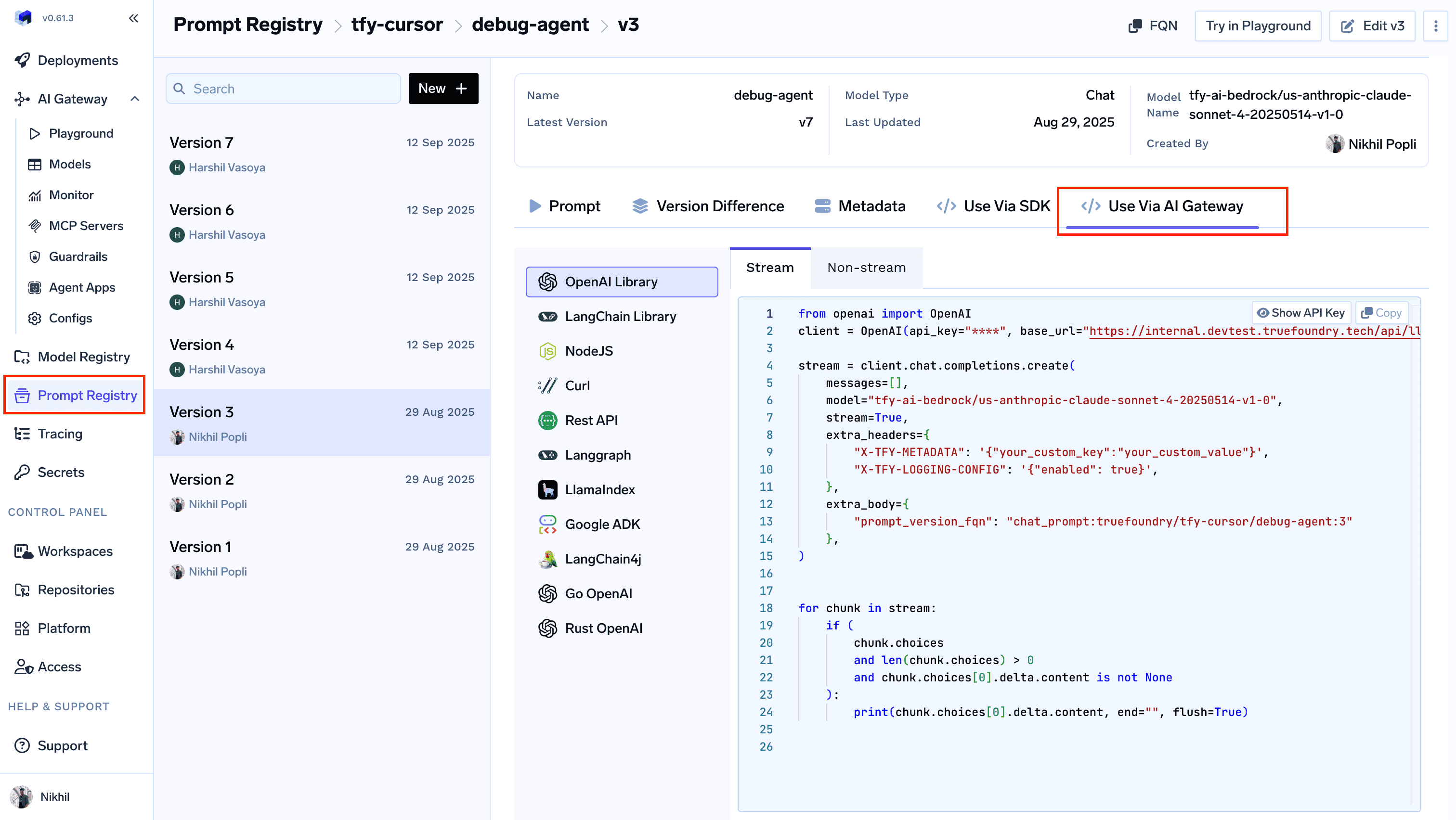 Getting code snippet from prompt registry