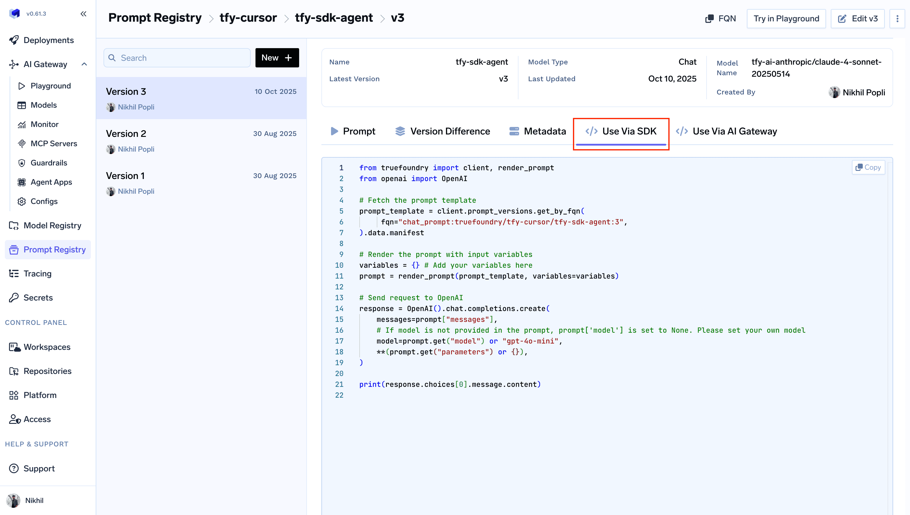 Getting code snippet from prompt registry