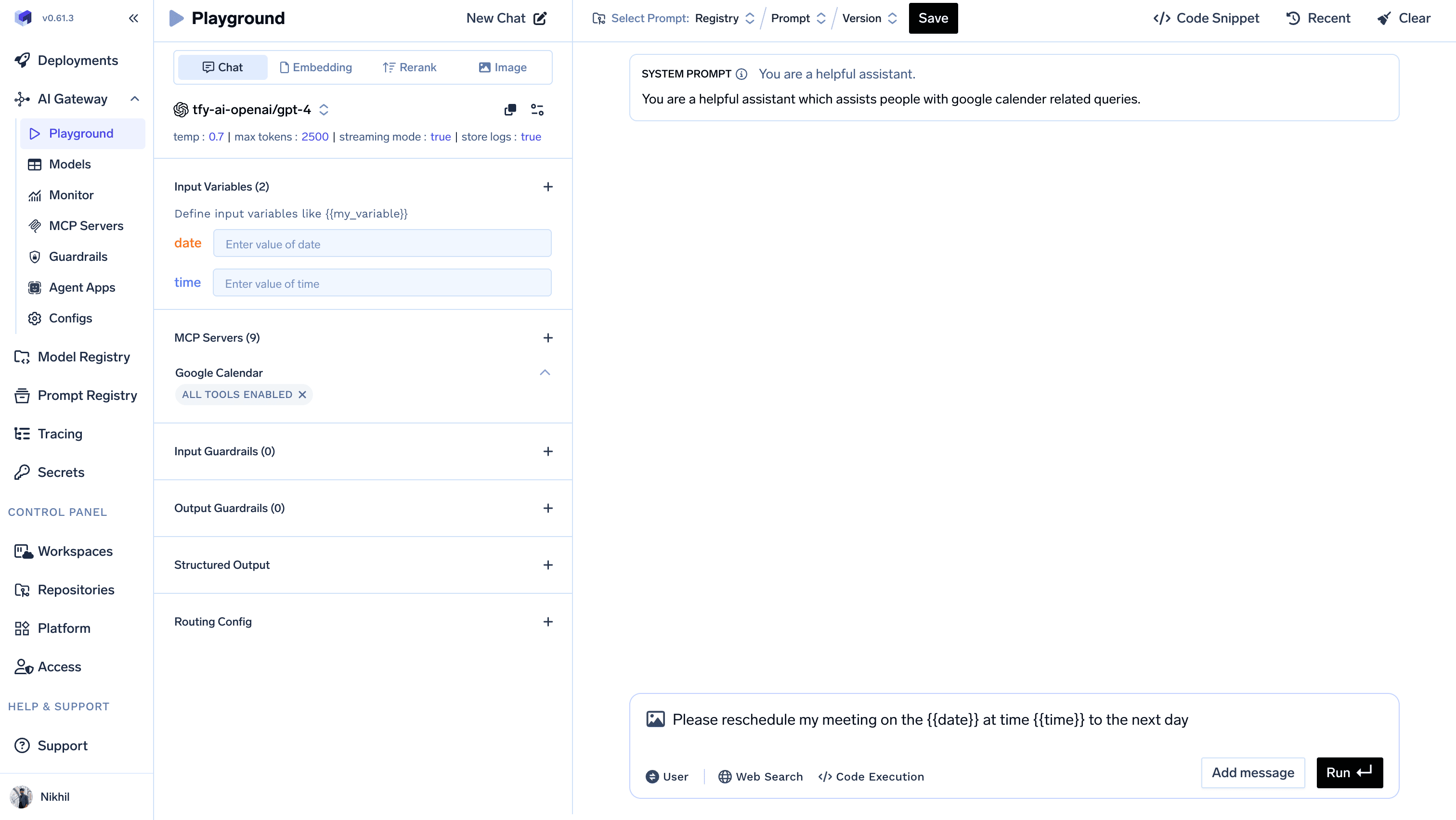 TrueFoundry AI Gateway Playground input variables configuration showing variable definition interface with placeholder examples like customer_name and product_type