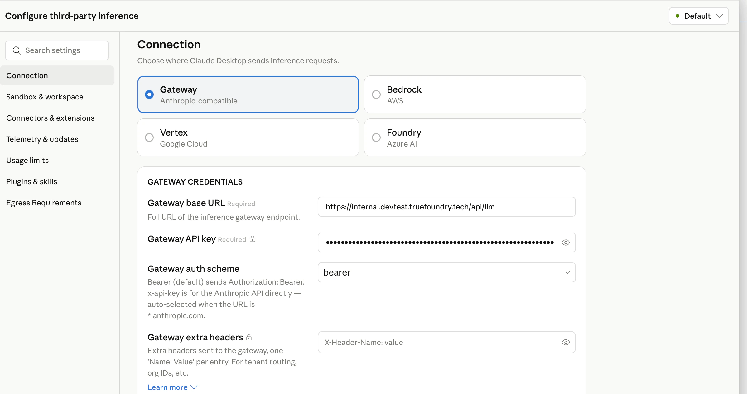 Claude Desktop Configure third-party inference: Gateway selected with base URL, API key, bearer auth scheme, and optional extra headers