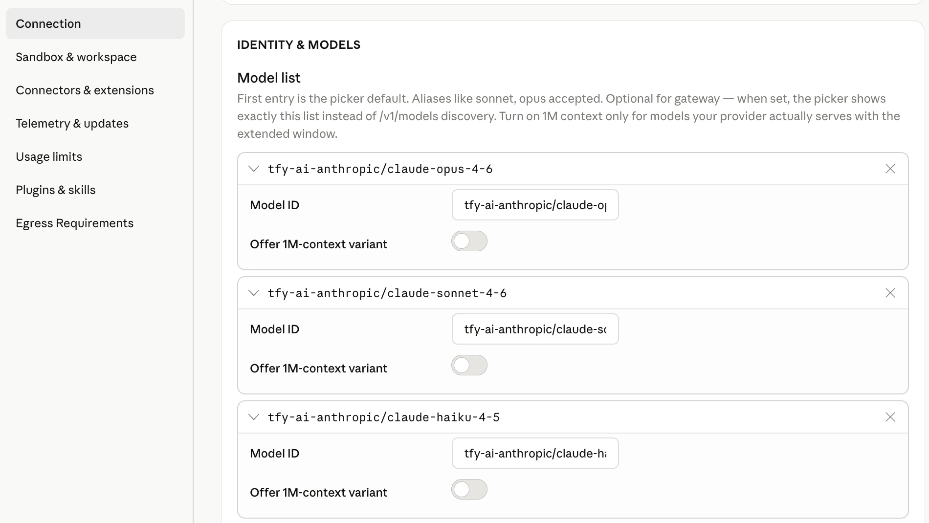 Claude Desktop Identity and Models: explicit model list with Opus, Sonnet, and Haiku and optional 1M context toggles