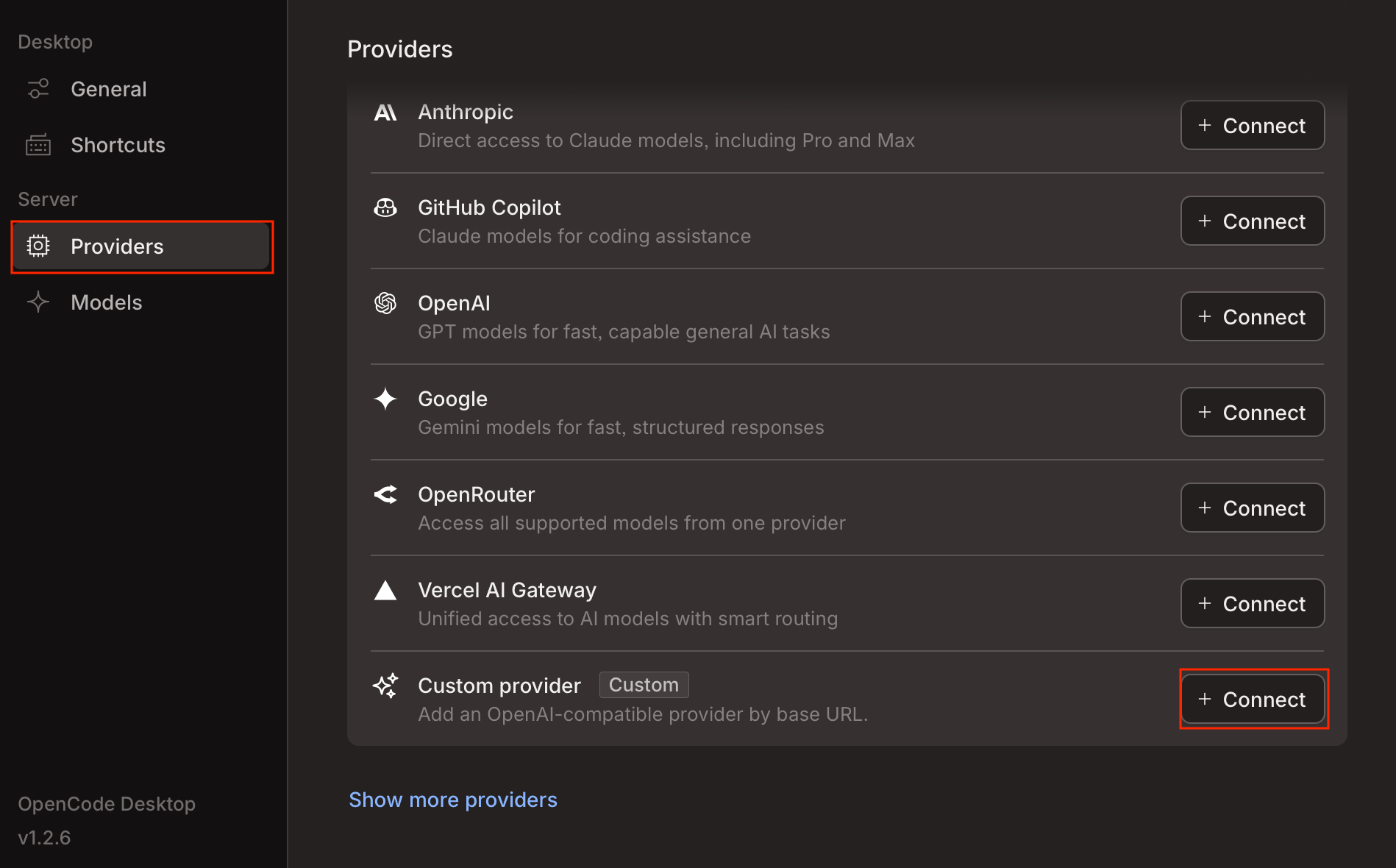 OpenCode Desktop Providers page with Custom provider highlighted at the bottom of the provider list