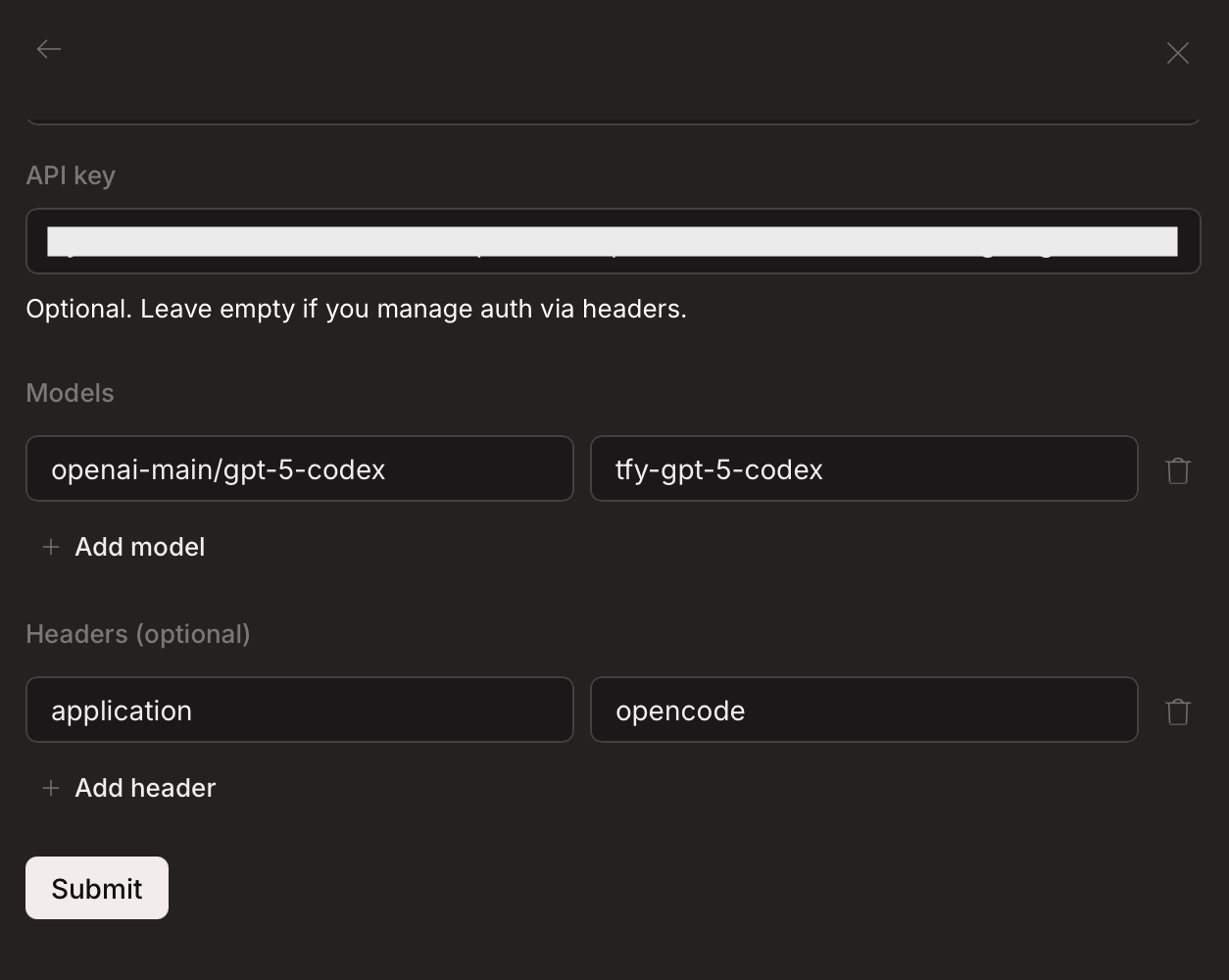 OpenCode Custom provider form showing model configuration with openai-main/gpt-5-codex as model ID, tfy-gpt-5-codex as display name, and a custom application header set to opencode