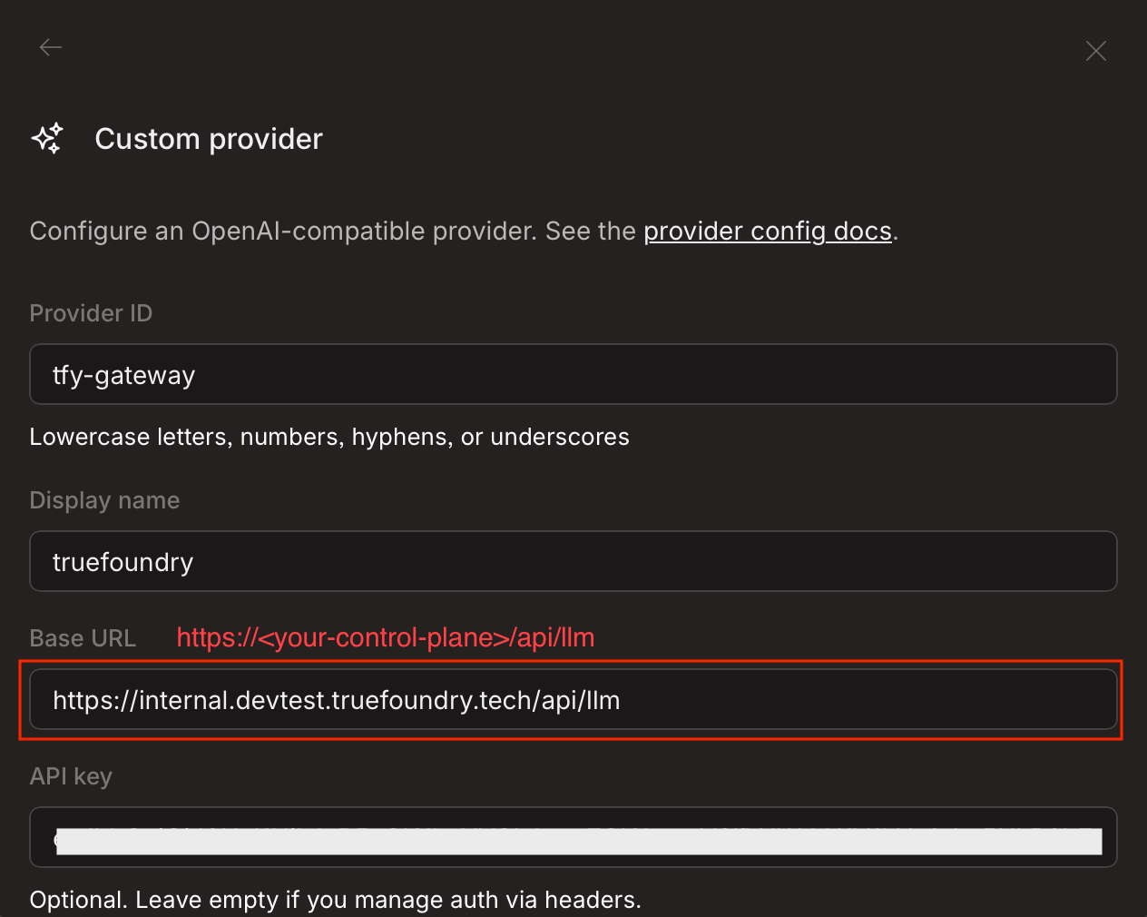 OpenCode Custom provider configuration form showing Provider ID as tfy-gateway, Display name as truefoundry, and Base URL pointing to the TrueFoundry AI Gateway endpoint