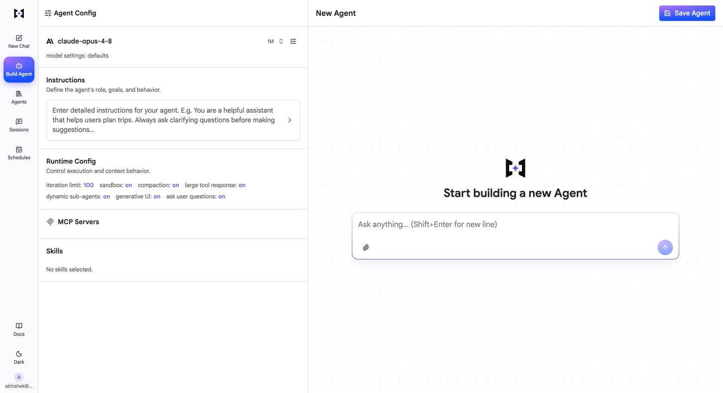 TrueForge agent builder inside the TrueFoundry platform, showing the Agent Config panel with model selection, instructions, runtime config toggles for sandbox, compaction, large tool response, dynamic sub-agents, generative UI and ask user questions, plus MCP Servers and Skills sections, alongside a chat panel for testing the agent