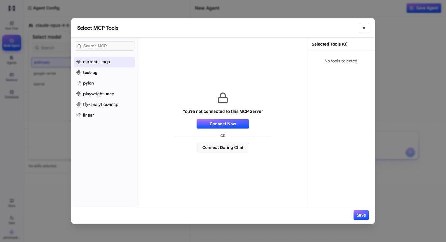 Select MCP Tools dialog listing MCP servers from the gateway including currents-mcp, test-ag, pylon, playwright-mcp, tfy-analytics-mcp and linear, with a Connect Now and Connect During Chat option for a server the user has not yet authenticated to