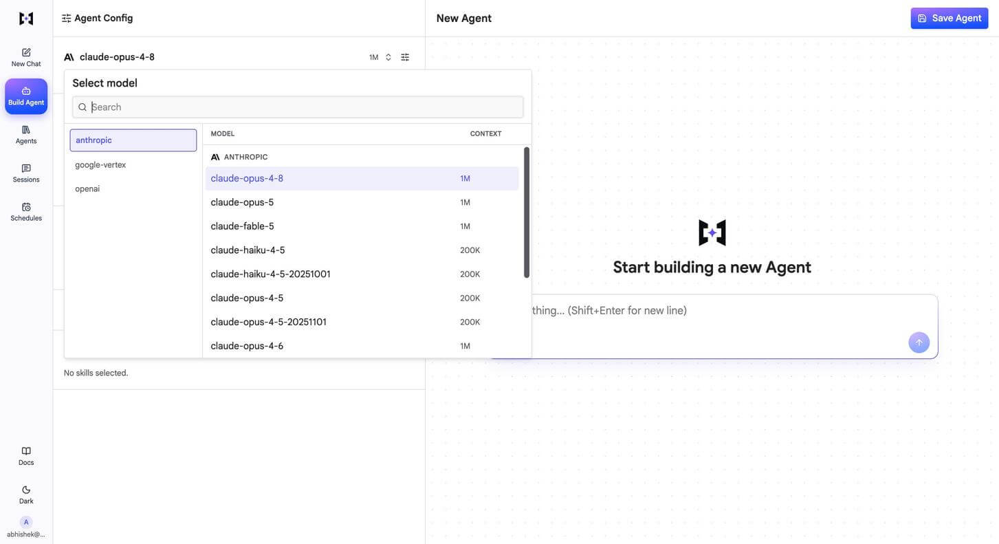 Select model dialog in the TrueForge agent builder showing provider groups for anthropic, google-vertex and openai on the left and the list of available Anthropic models with their context windows on the right