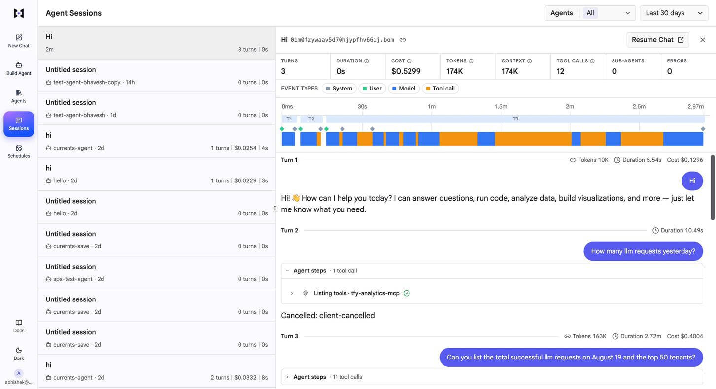 Agent session detail showing summary metrics for turns, duration, cost, tokens, context, tool calls, sub-agents and errors, an event-type timeline coloured by system, user, model and tool call, and the turn-by-turn transcript with an expanded Agent steps panel listing an MCP tool call