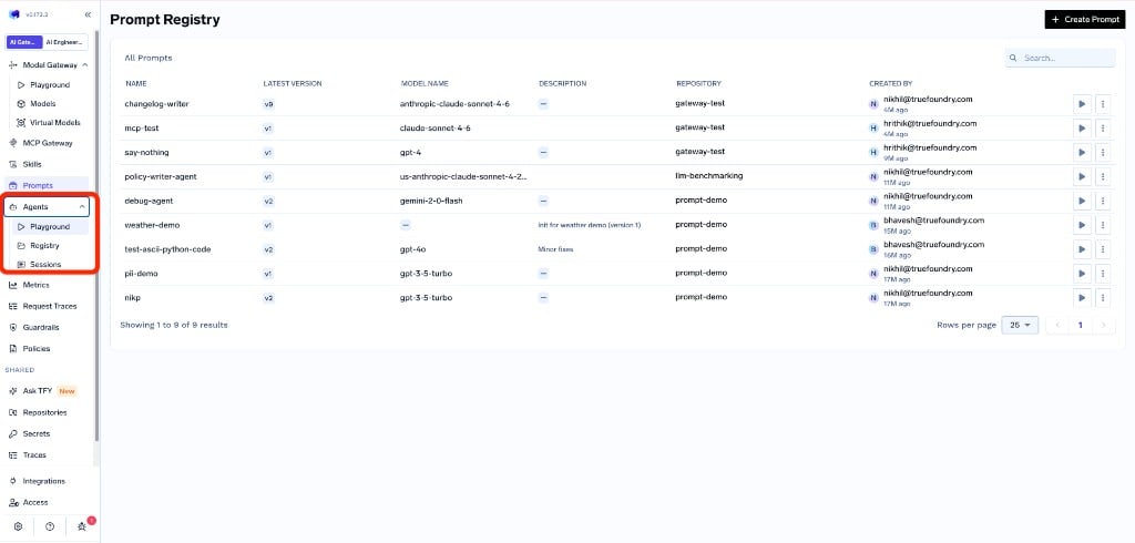 TrueFoundry sidebar with the Agents section highlighted, showing Playground, Registry, and Sessions