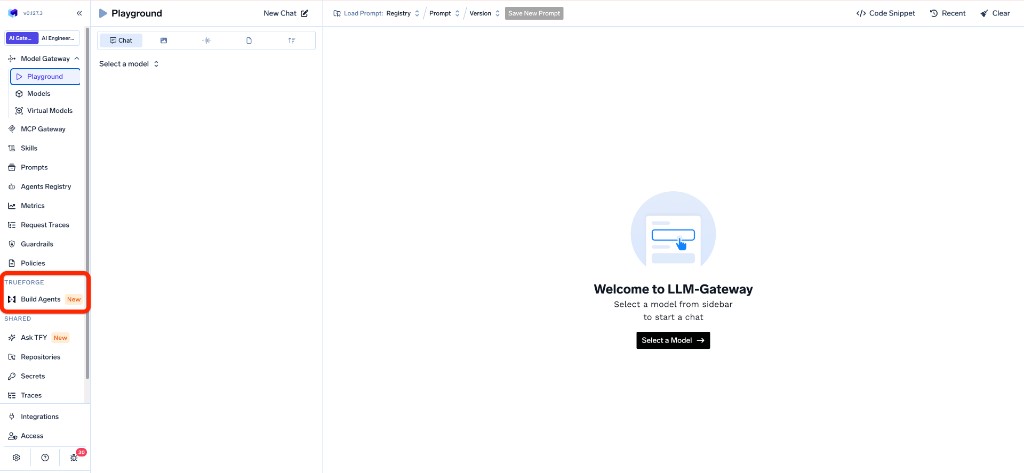 TrueFoundry sidebar with the TRUEFORGE section highlighted, showing Build Agents with a New badge