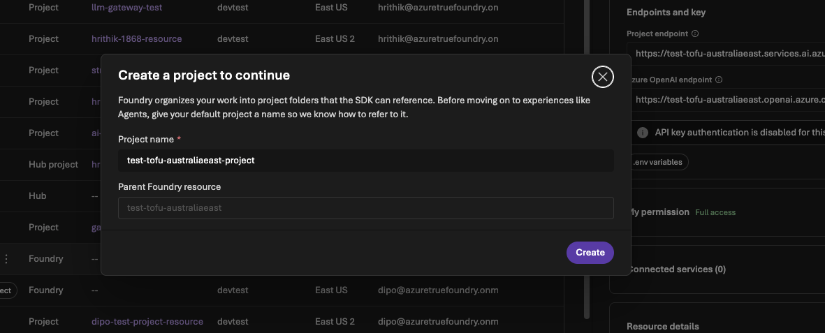 Creating project from existing Foundry resource