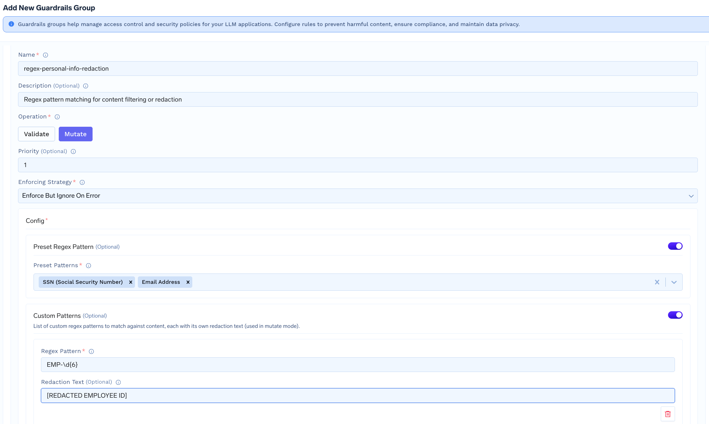 Regex Pattern Matching configuration form showing preset pattern selection and custom pattern fields