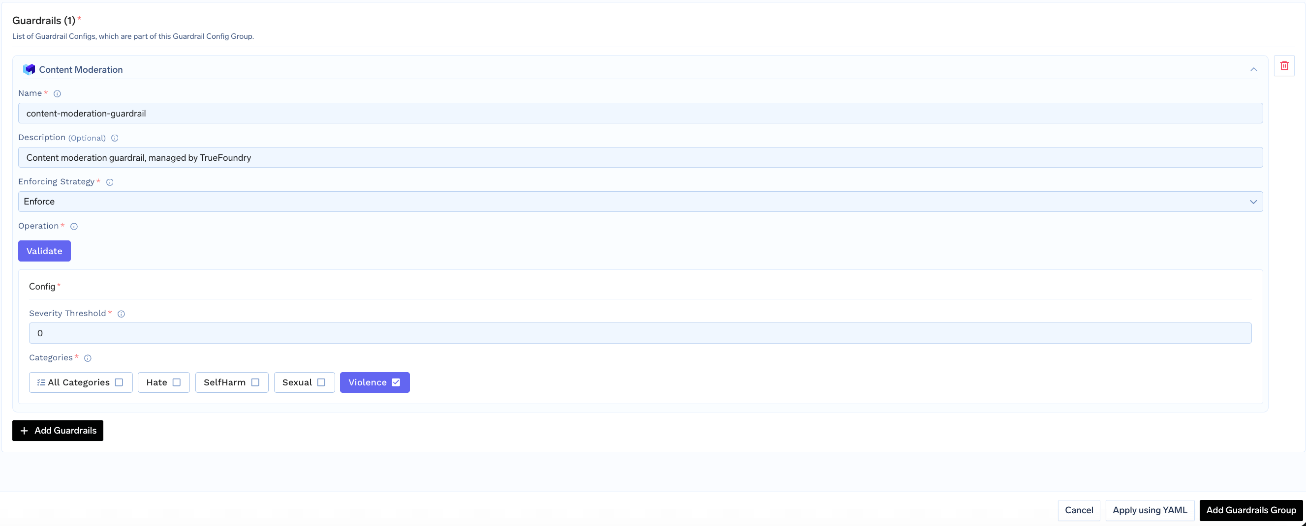 Content Moderation configuration form showing severity threshold and category selection