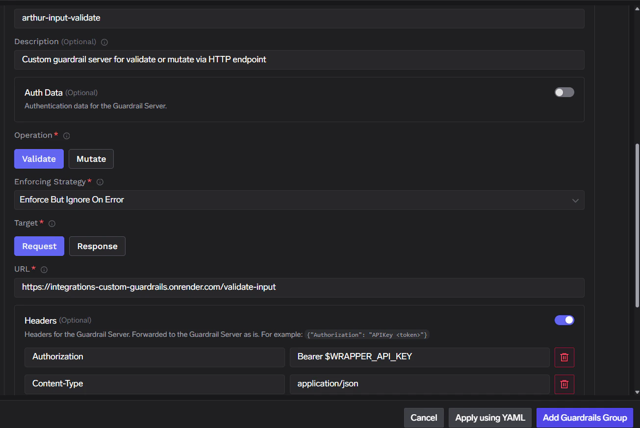 TrueFoundry custom guardrail form: Validate, Request target, /validate-input URL, Authorization Bearer header