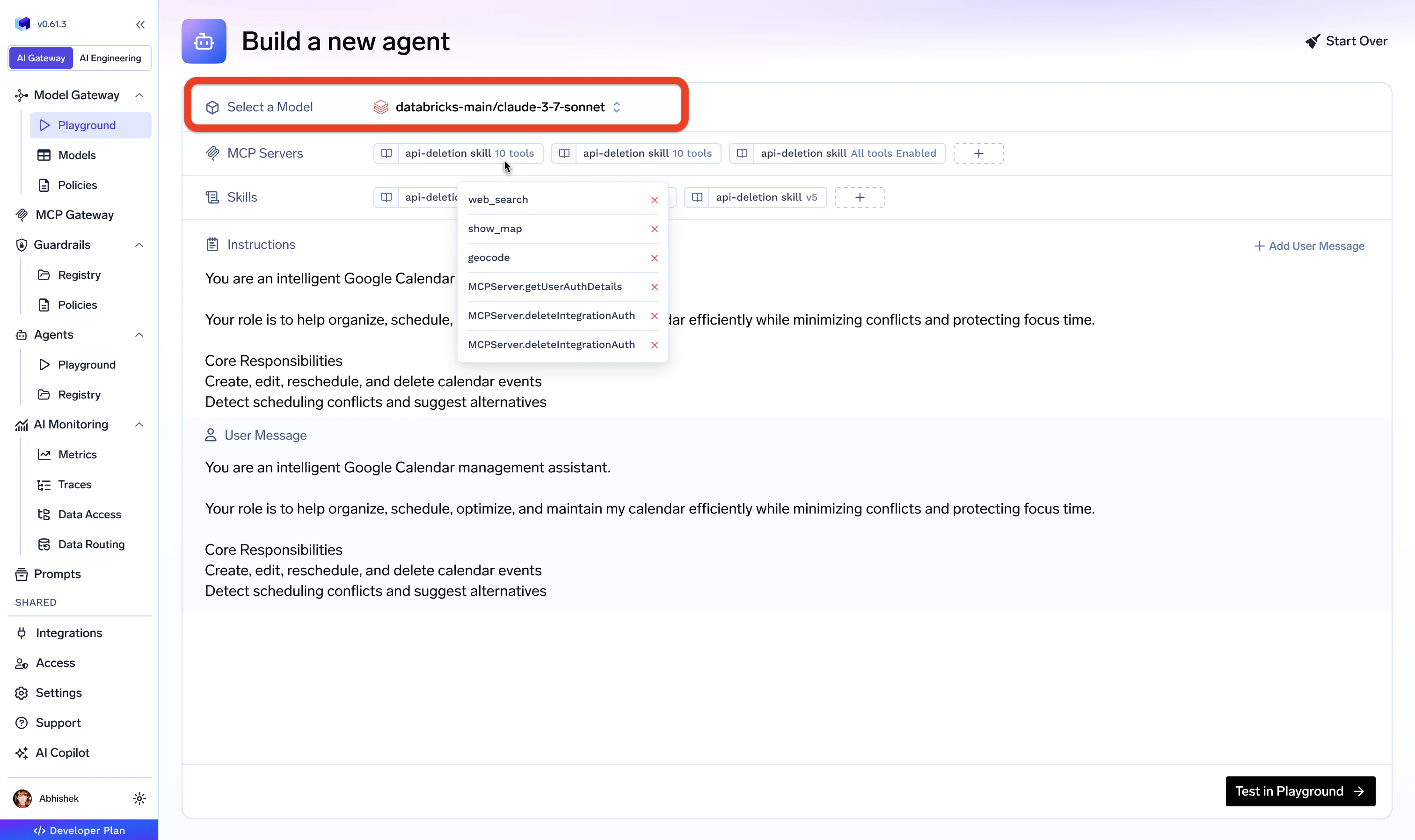 Agent Harness builder showing the Select a Model dropdown highlighted at the top of the agent configuration form