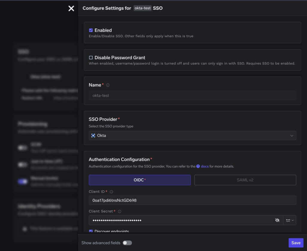 Configure Settings for SSO dialog with Enabled checked and Disable Password Grant available