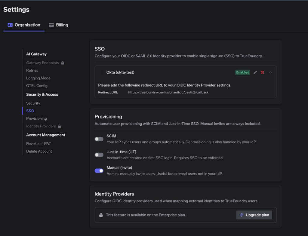 Settings page showing an enabled Okta SSO configuration, provisioning toggles, and Identity Providers