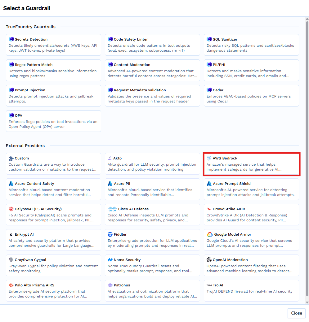 Select a Guardrail modal highlighting the AWS Bedrock option under External Providers