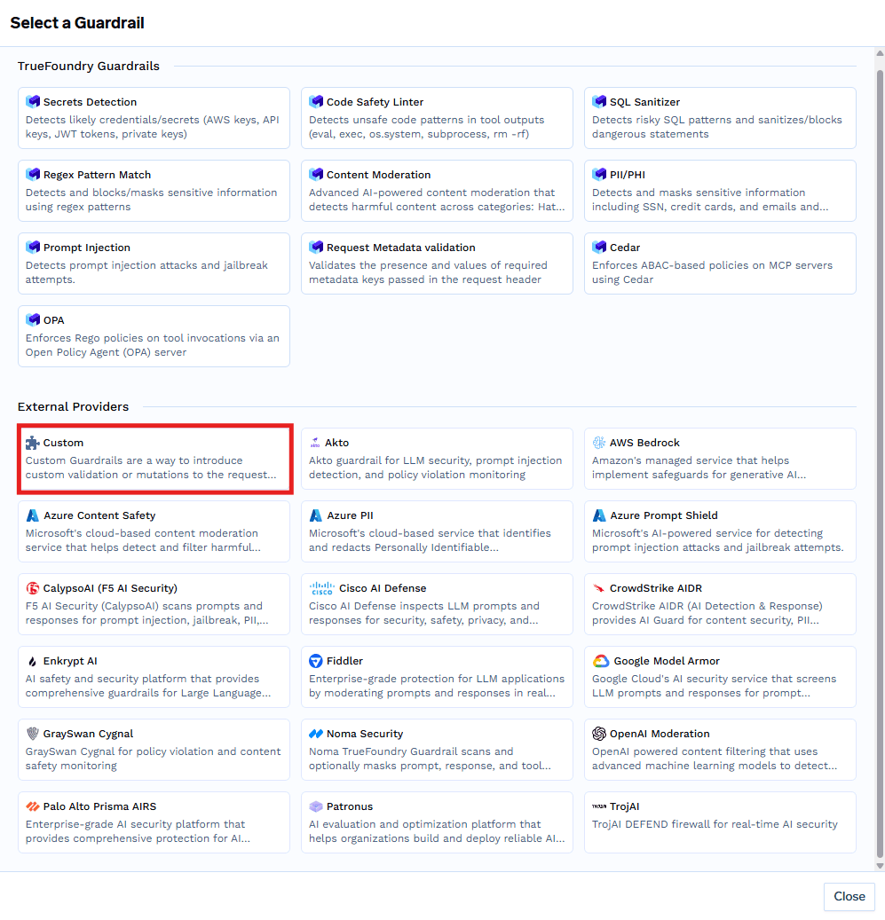 Select a Guardrail modal highlighting the Custom option under External Providers