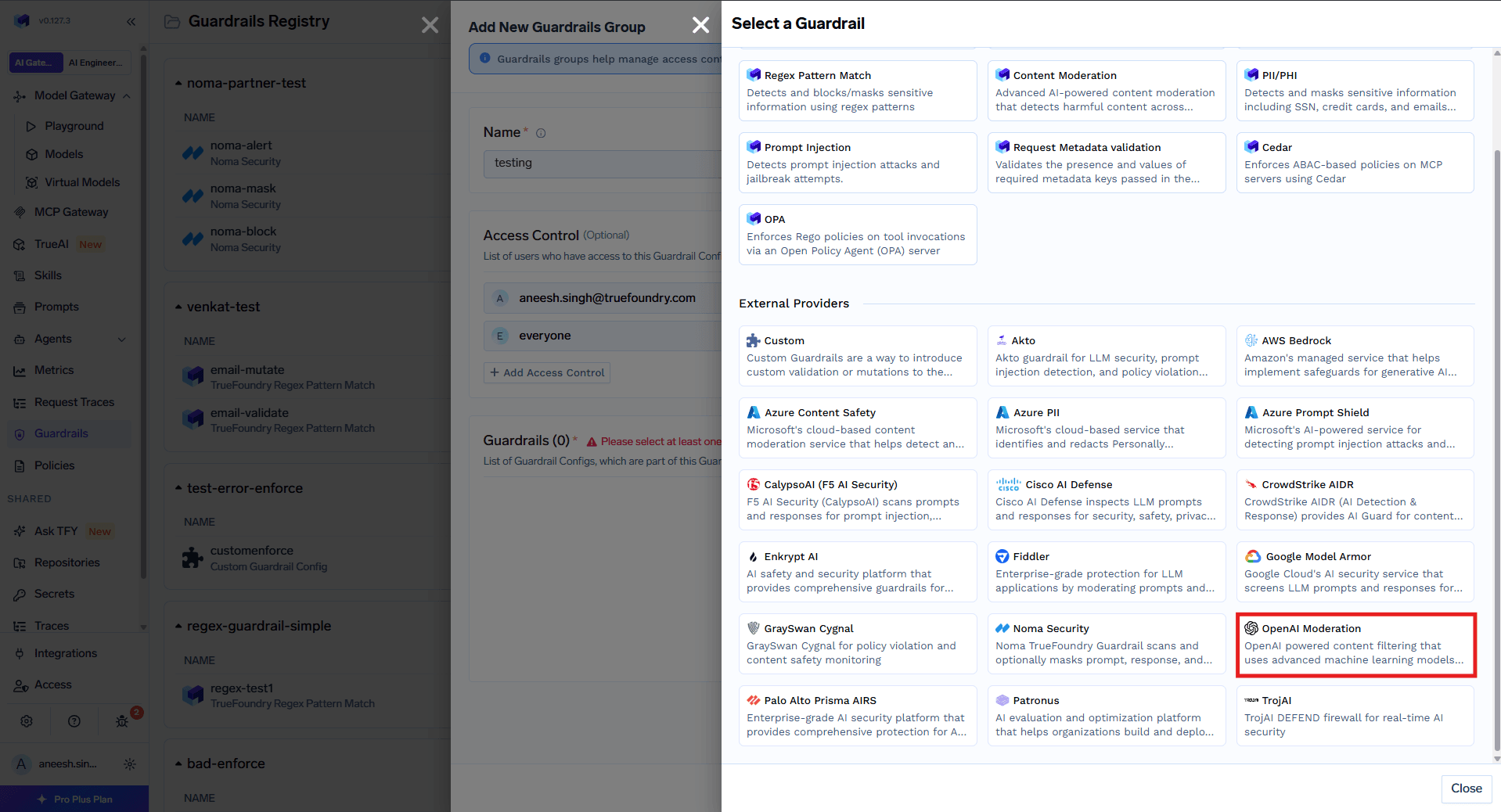 Guardrail integration selection interface showing OpenAI Moderation option