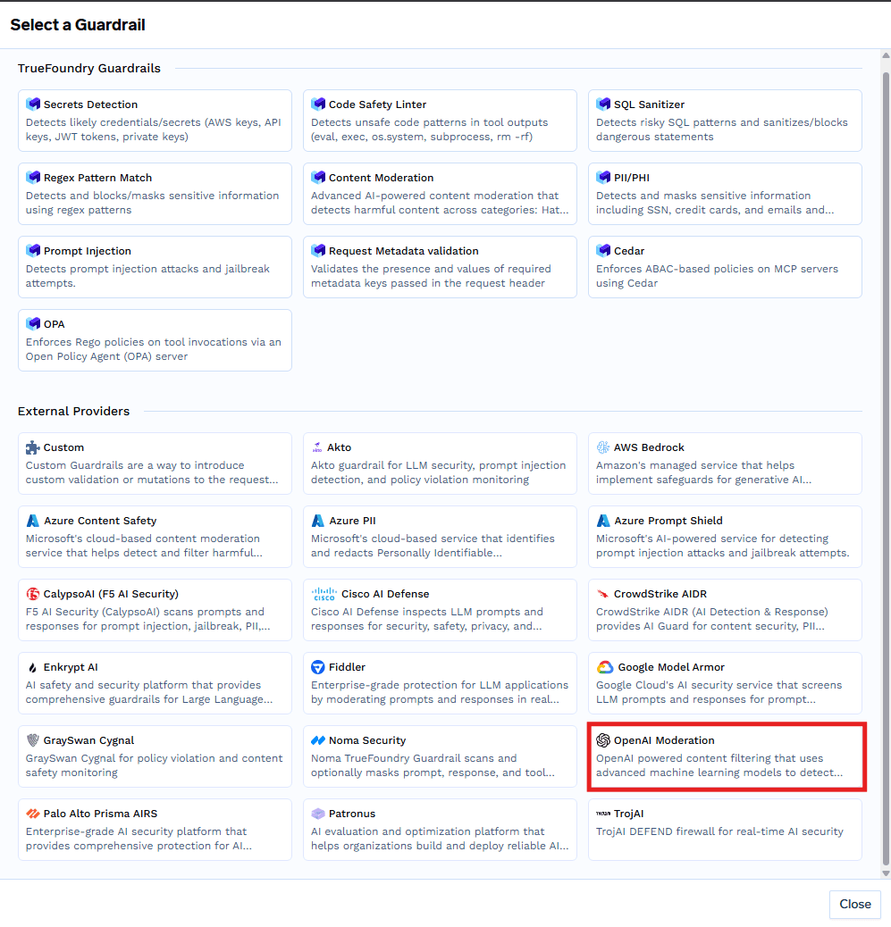 Select a Guardrail modal highlighting the OpenAI Moderation option under External Providers
