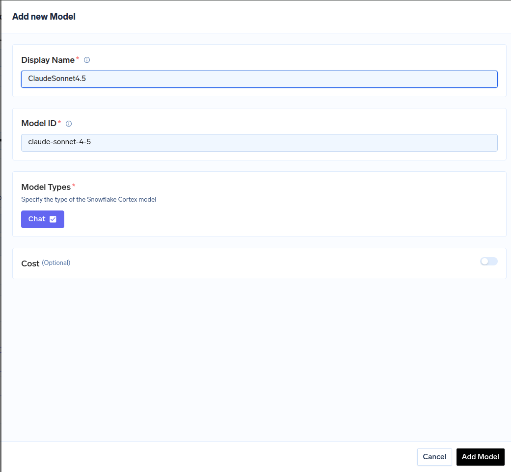 Model addition form for Snowflake cortex with fields for Name and Model ID configuration
