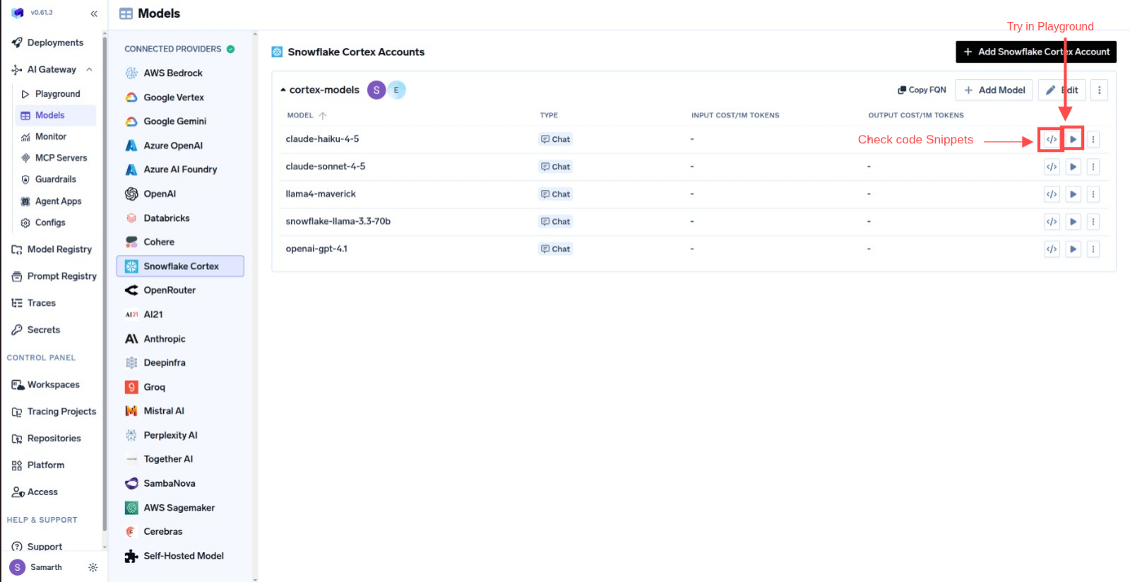 Code Snippet and Try in Playgroud Buttons for each model