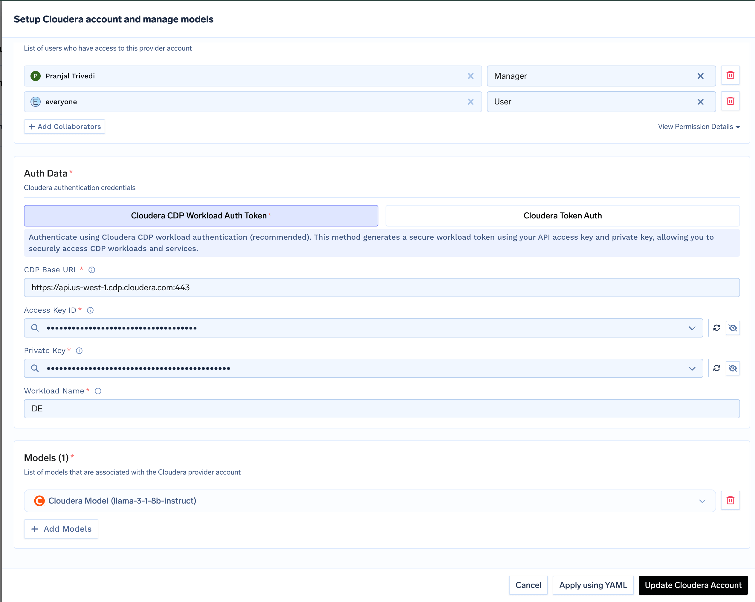 Cloudera Account Configuration Form with Access Key ID, Private Key, Workload Name, and CDP Base URL Fields
