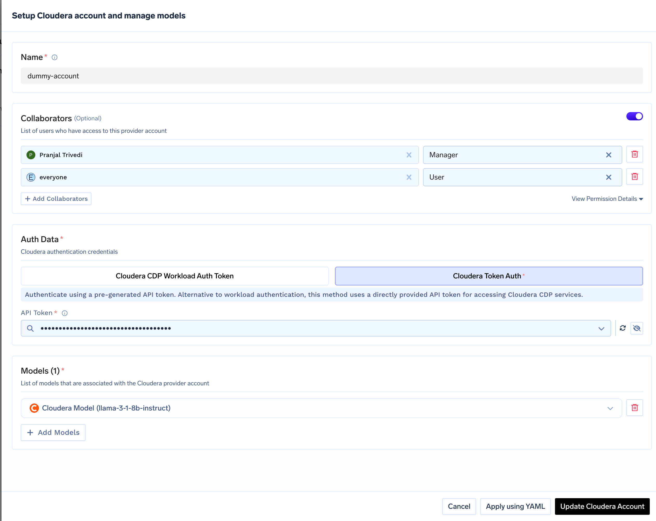 Cloudera Account Configuration Form with Auth Token Field