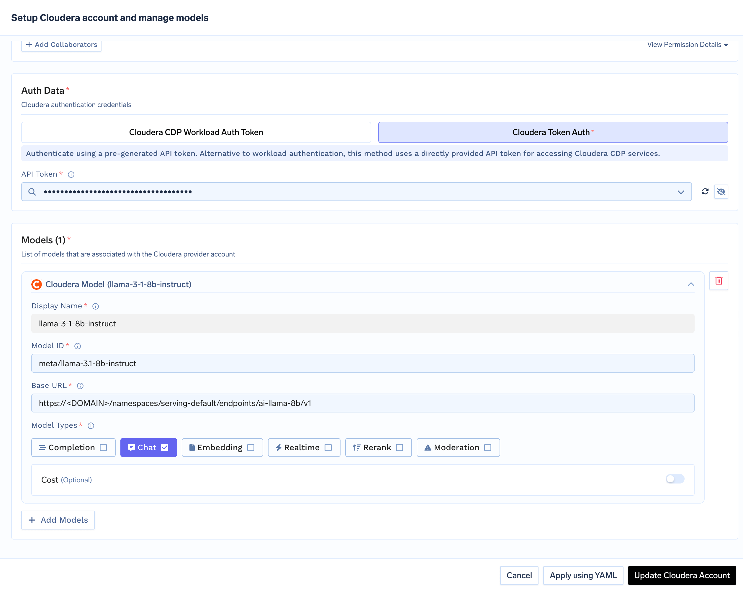 Cloudera model configuration form in TrueFoundry with display name, model ID, and base URL fields