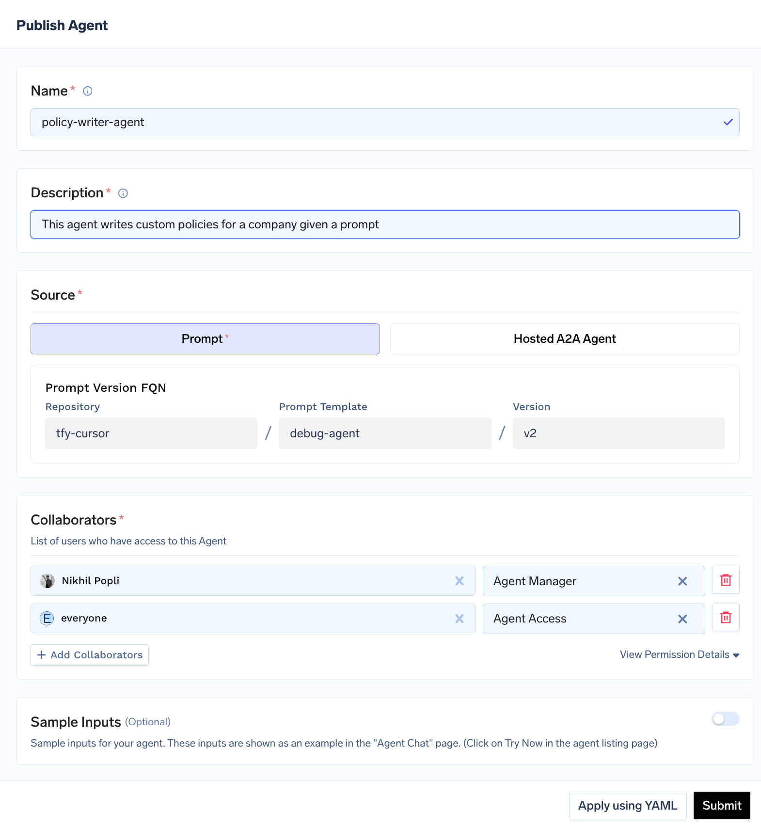 Agent publish form